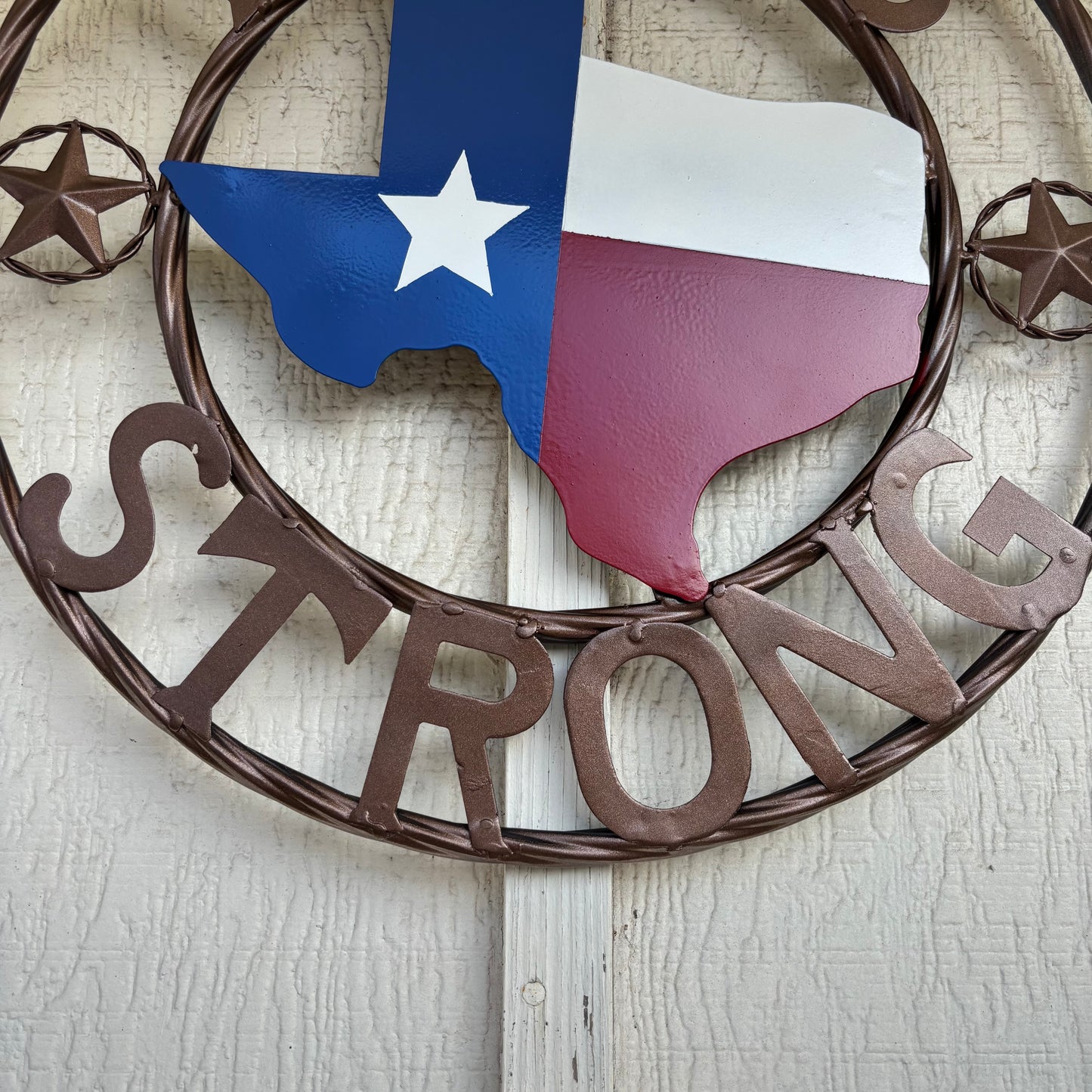 TEXAS STRONG SIGN METAL WALL ART WESTERN HOME DECOR RED WHITE BLUE WITH BRONZE RING HANDMADE #EH13212