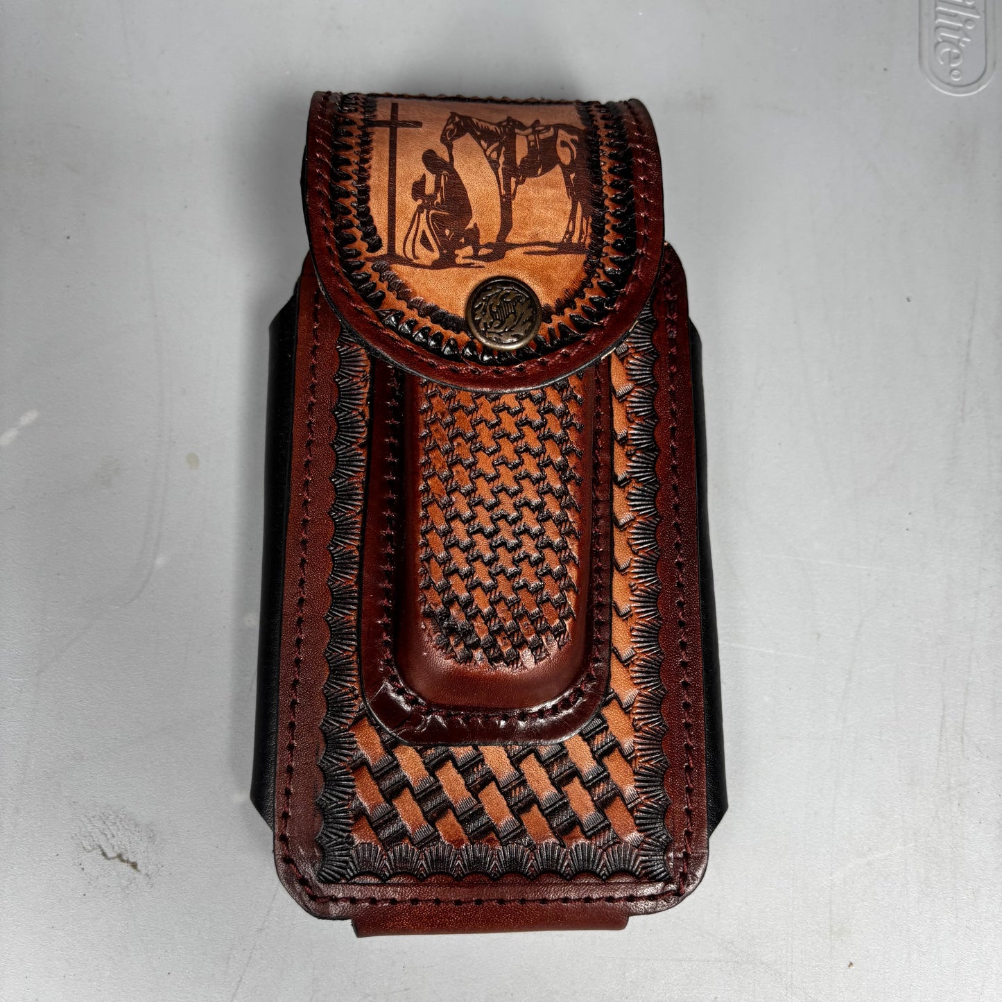 COWBOY PRAYER LEATHER HOLSTER 7" PHONE POUCH WITH KNIFE HOLDER FRONT EXTRA LARGE  BELT LOOP CELL PHONE CASE UNIVERSAL OVERSIZE MADE IN MEXICO #EH13861