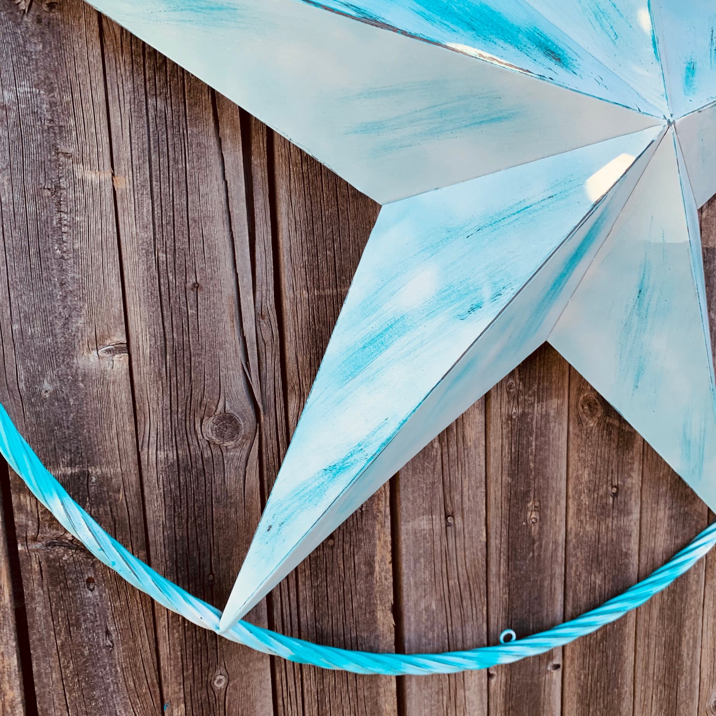 #EH11219 TURQUOISE WHITE DISTRESSED STAR TWO TONE TEXTURE BARN STAR METAL LONESTAR TWISTED ROPE RING WESTERN HOME DECOR HANDMADE NEW