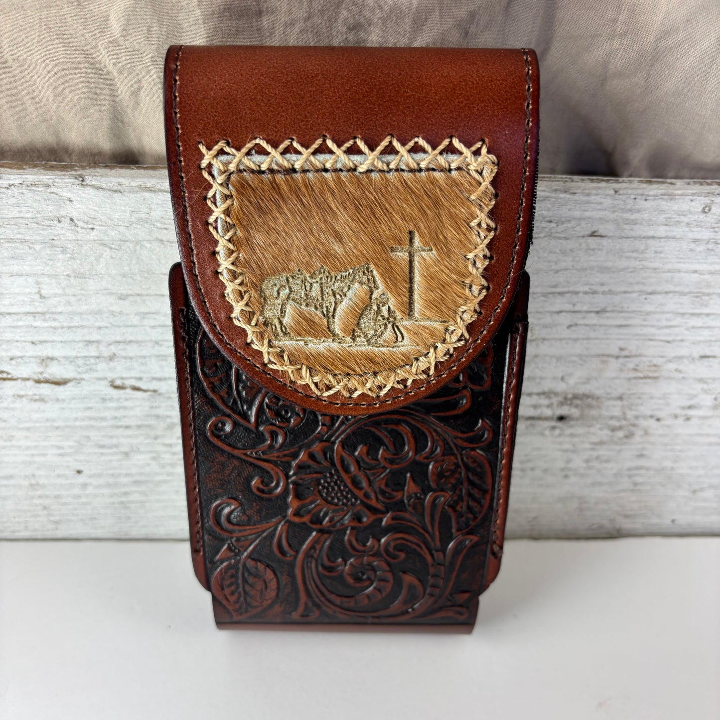 7" COWBOY PRAYER  LEATHER HOLSTER BROWN POUCH EXTRA LARGE  BELT LOOP CELL PHONE CASE UNIVERSAL OVERSIZE #EH13322