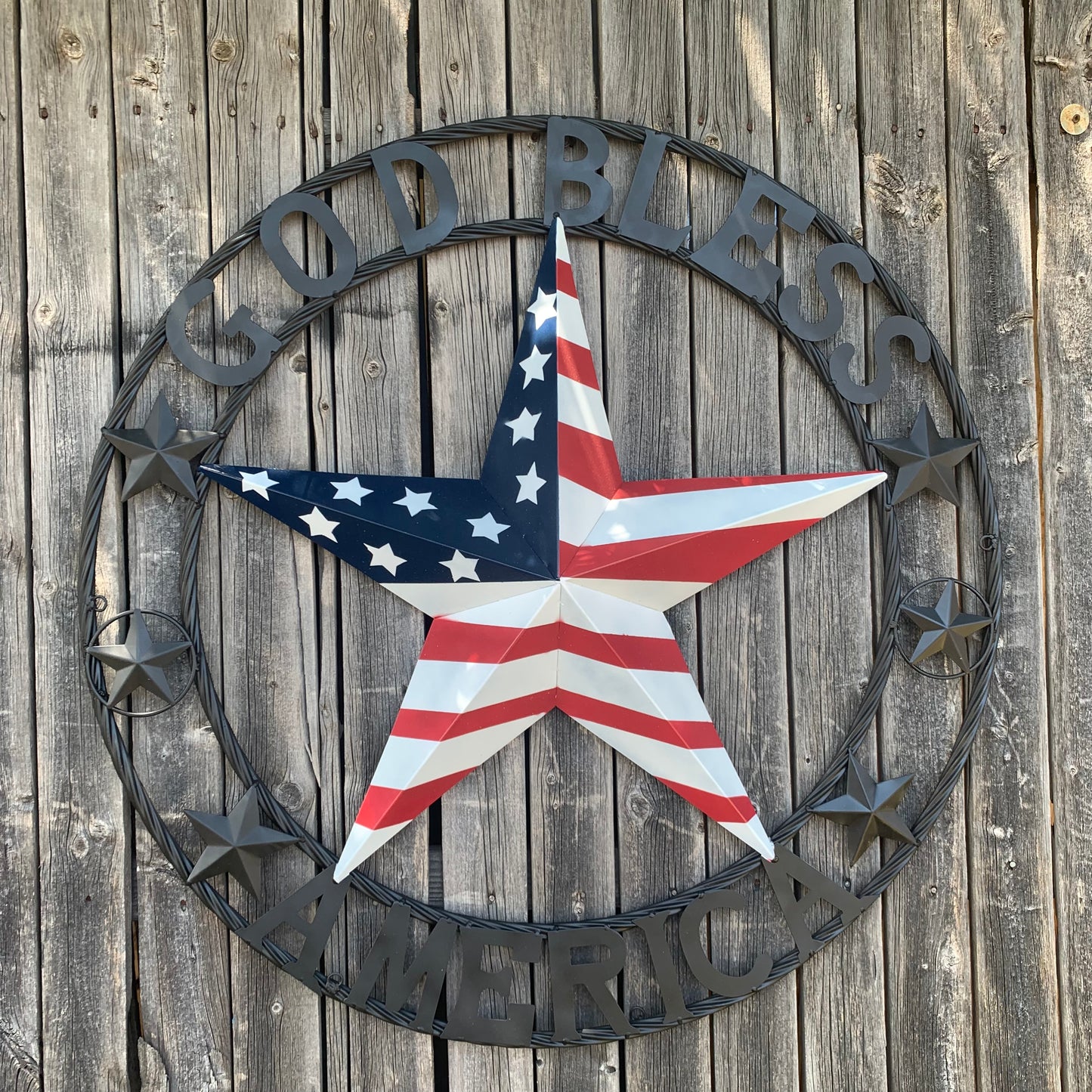 GOD BLESS AMERICA USA FLAG 3d STAR METAL BARN STAR BLACK TWISTED ROPE RING WALL ART WESTERN HOME DECOR RED WHITE & BLUE HANDMADE NEW #EH10490