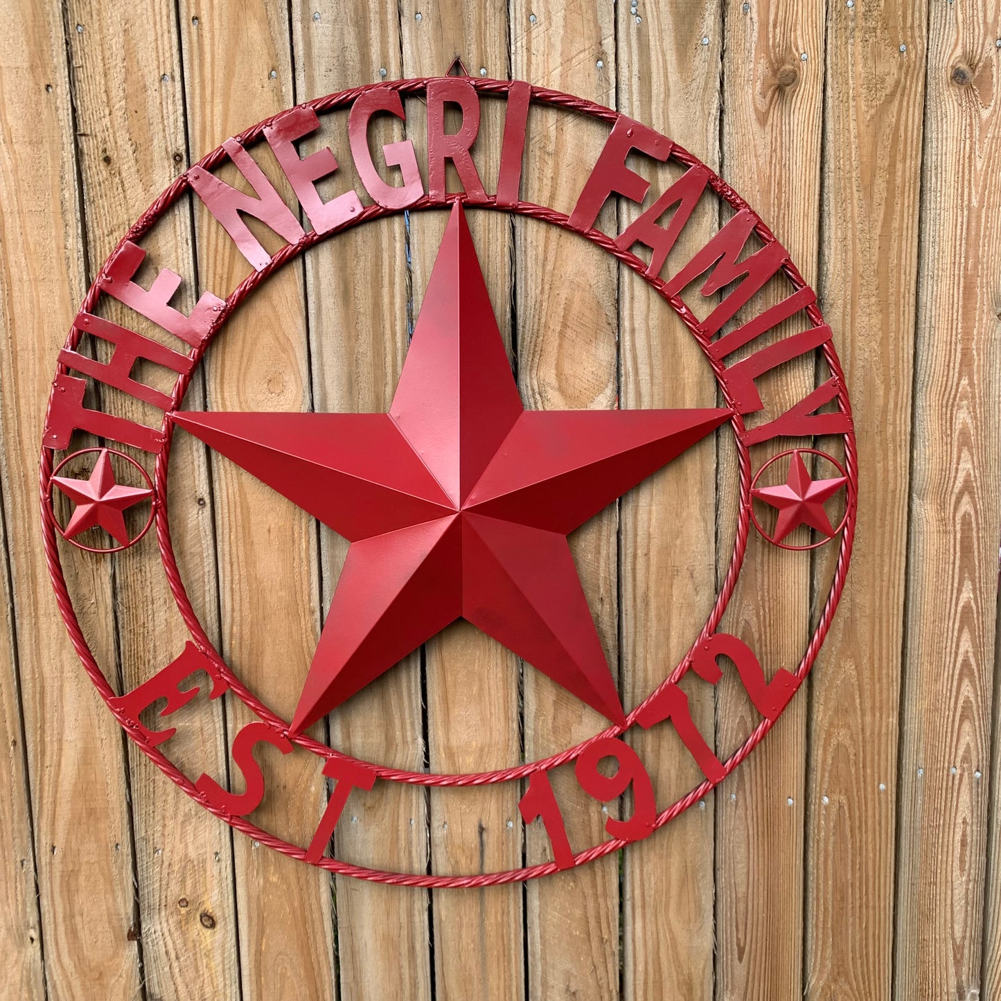 NEGRI FAMILY STYLE YOUR CUSTOM NAME STAR BARN STAR METAL LONE STAR WESTERN HOME DECOR RUSTIC BURGUNDY RED HANDMADE 24",32",36",50"