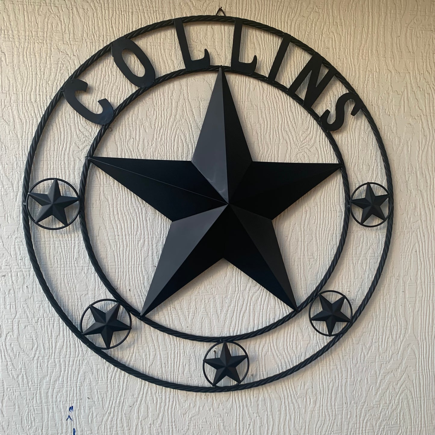 COLLINS STYLE CUSTOM STAR NAME BARN METAL STAR 3d TWISTED ROPE RING WESTERN HOME DECOR RUSTIC BLACK HANDMADE 24",32",36",50"