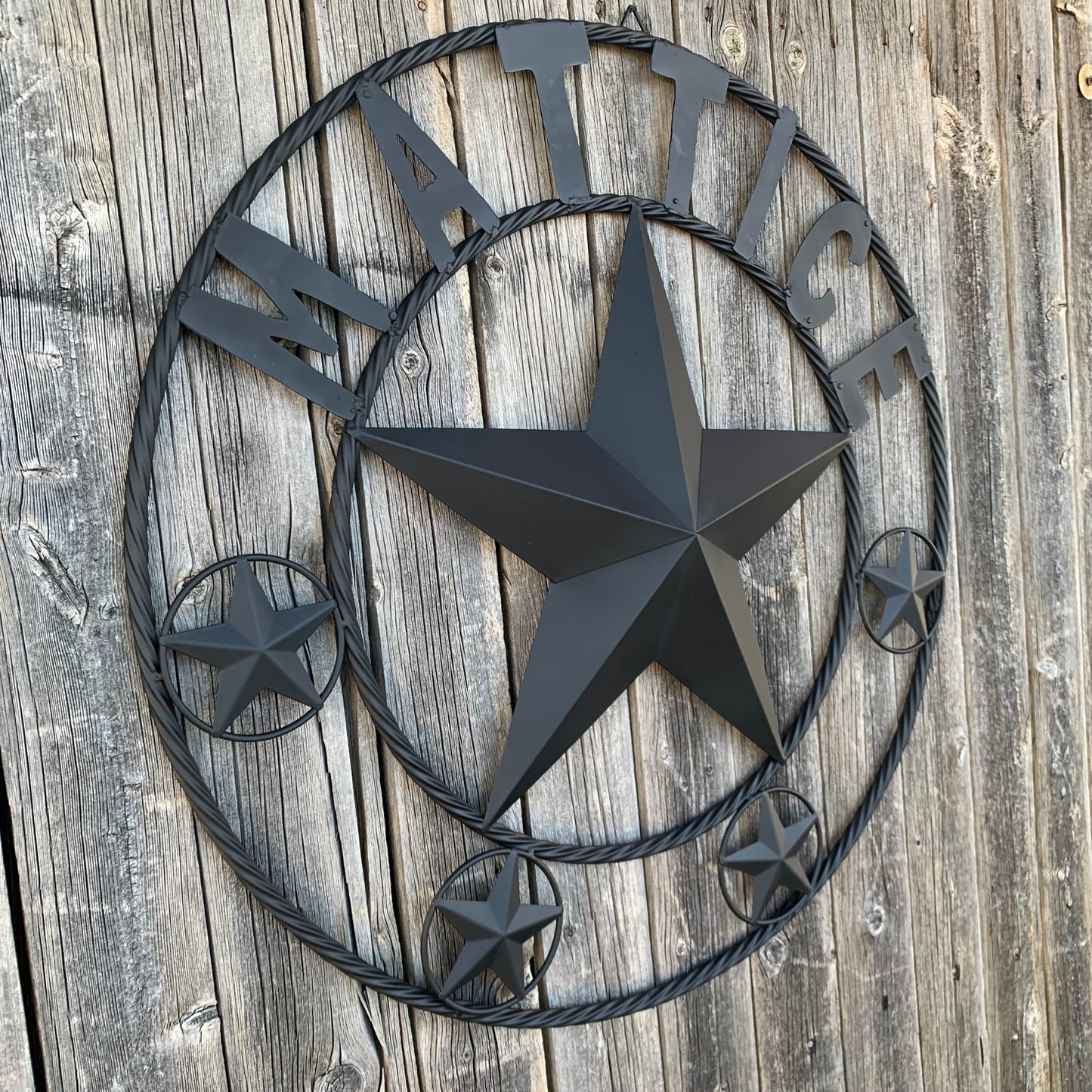 MATTICE STYLE BLACK STAR YOUR CUSTOM NAME BARN METAL STAR 3d TWISTED ROPE RING WESTERN HOME DECOR HANDMADE 24",32",36",50"