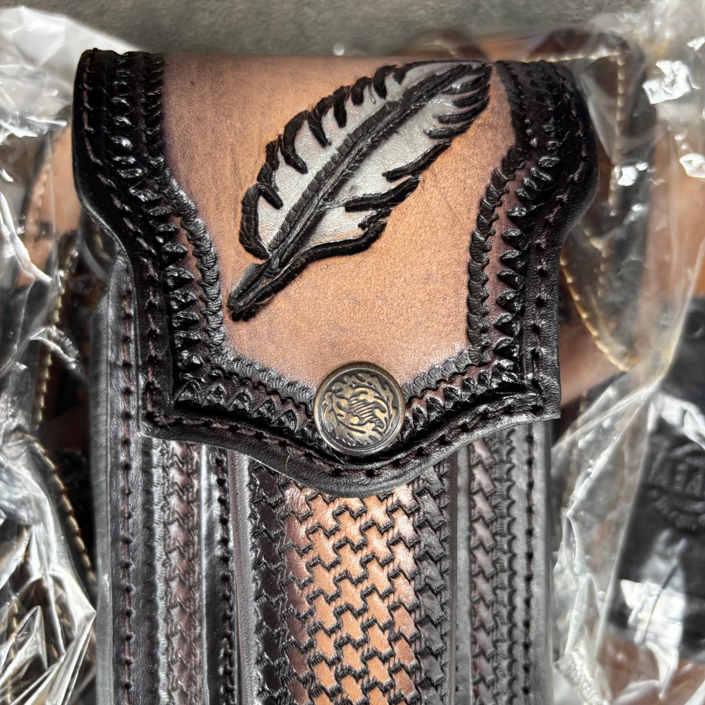 LEAF LEATHER HOLSTER 7" PHONE POUCH WITH KNIFE HOLDER FRONT EXTRA LARGE  BELT LOOP CELL PHONE CASE UNIVERSAL OVERSIZE MEXICO MADE #EH