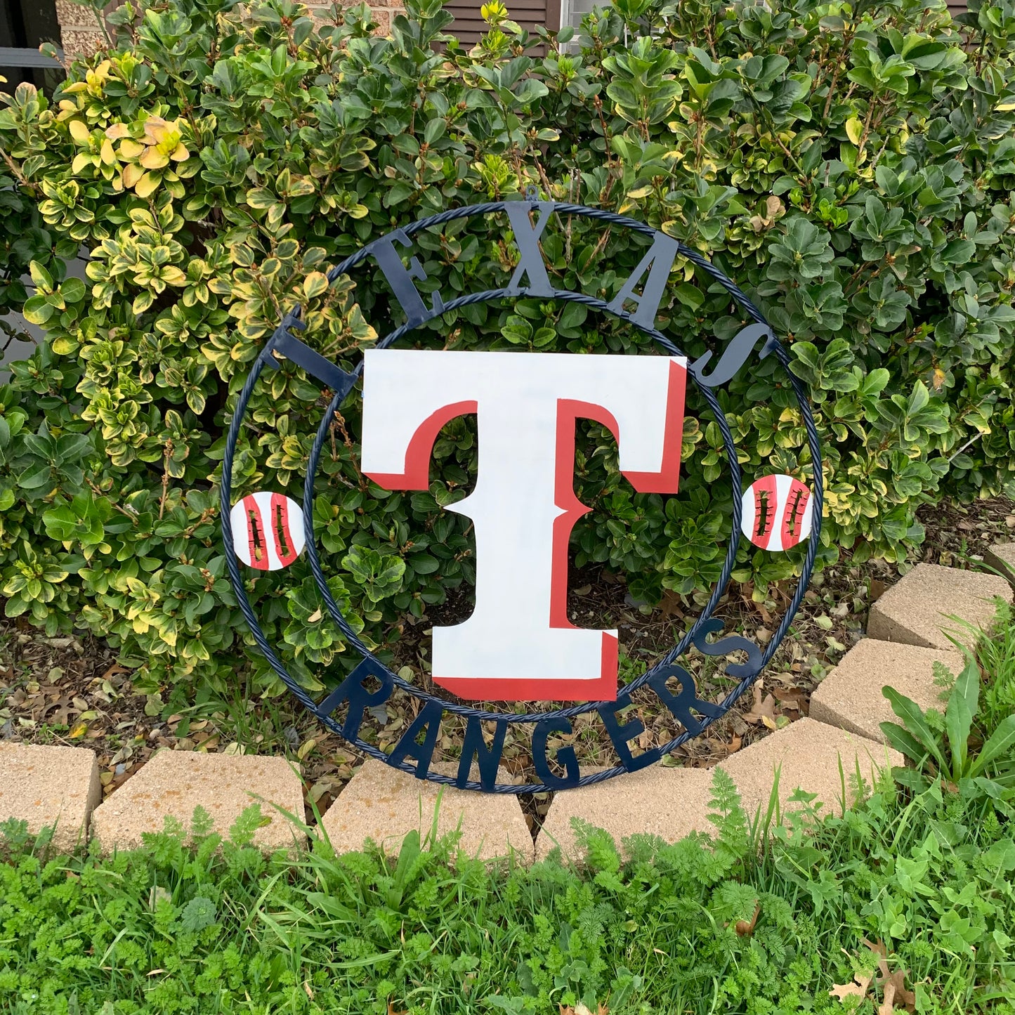 TEXAS RANGERS CUSTOM METAL VINTAGE CRAFT TEAM SIGN WHITE & RED & NAVY BLUE RING HANDMADE