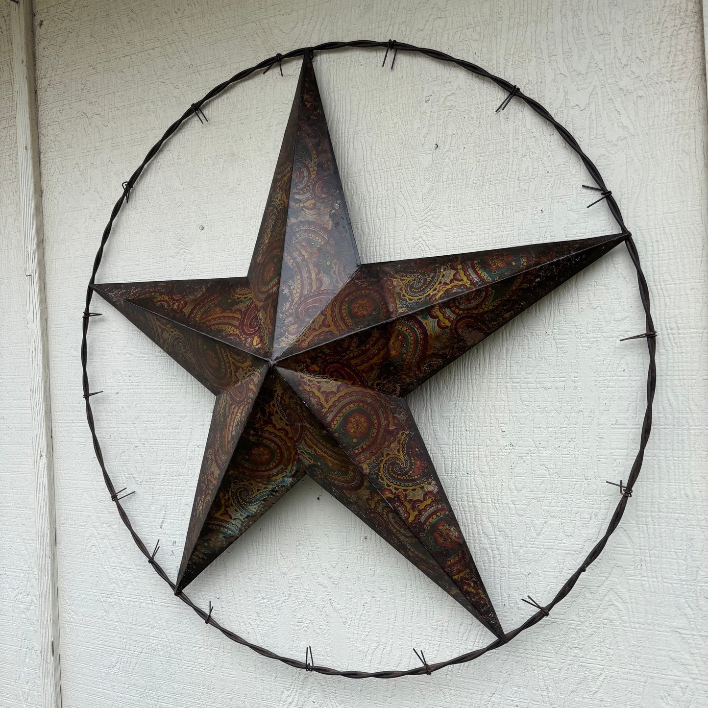 PAISLEY BARN STAR MULTI CLOR WITH BARBWIRE RING LONESTAR WESTERN HOME DECOR HANDMADE