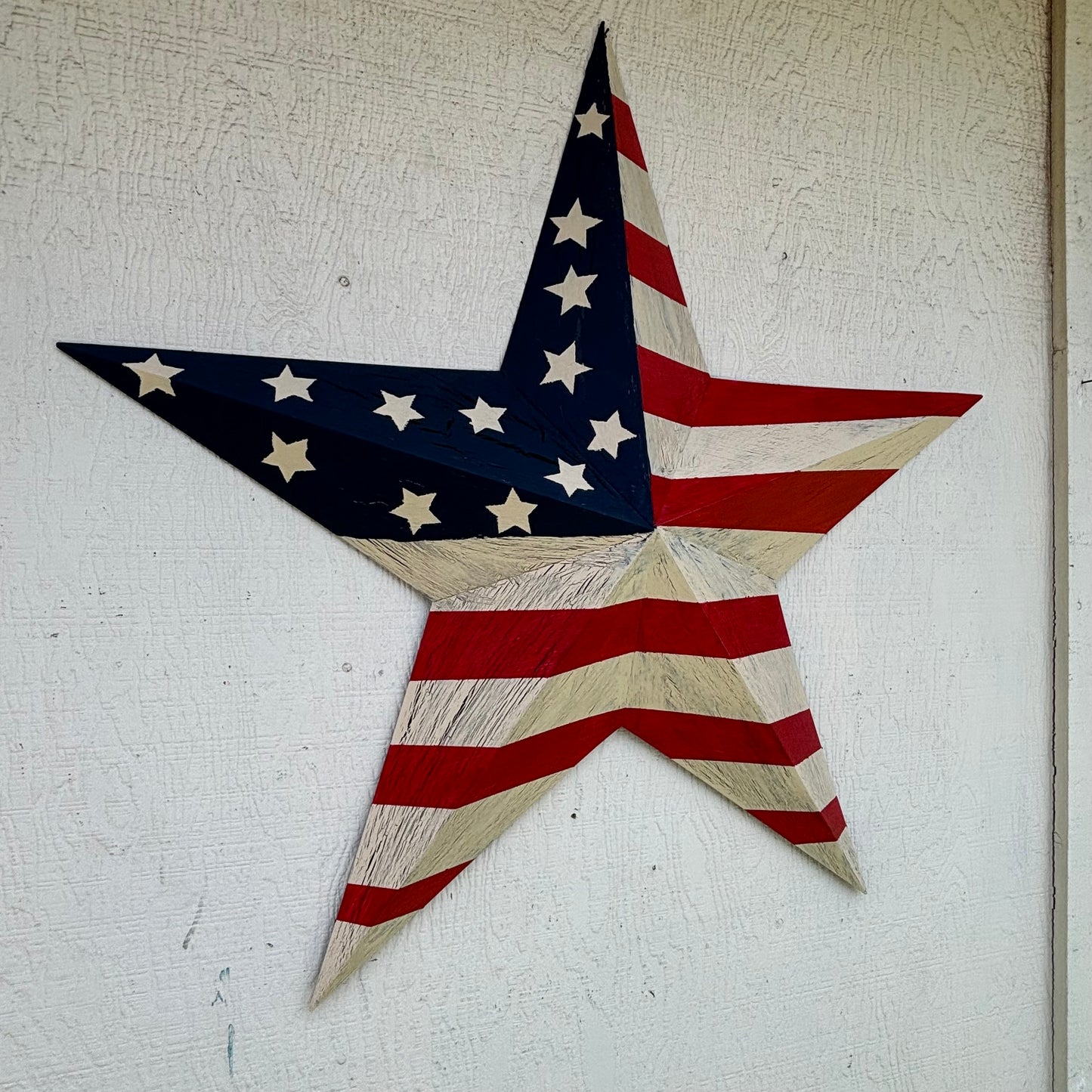 USA FLAG STAR CRACKLE RED IVORY NAVY BLUE METAL BARN STAR METAL WALL ART WESTERN HOME DECOR HANDMADE NEW