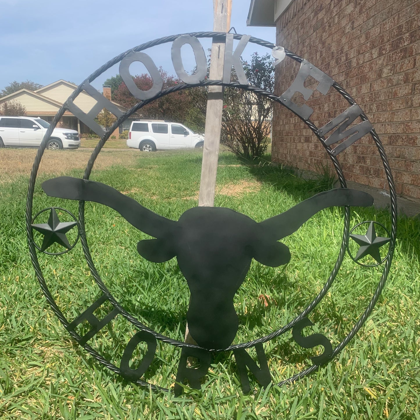 HOOKEM HORNS WITH LONE STAR TEXAS LONGHORNS HOOK EM BLACK METAL CUSTOM VINTAGE CRAFT WALL ART TEAM SIGN HANDMADE