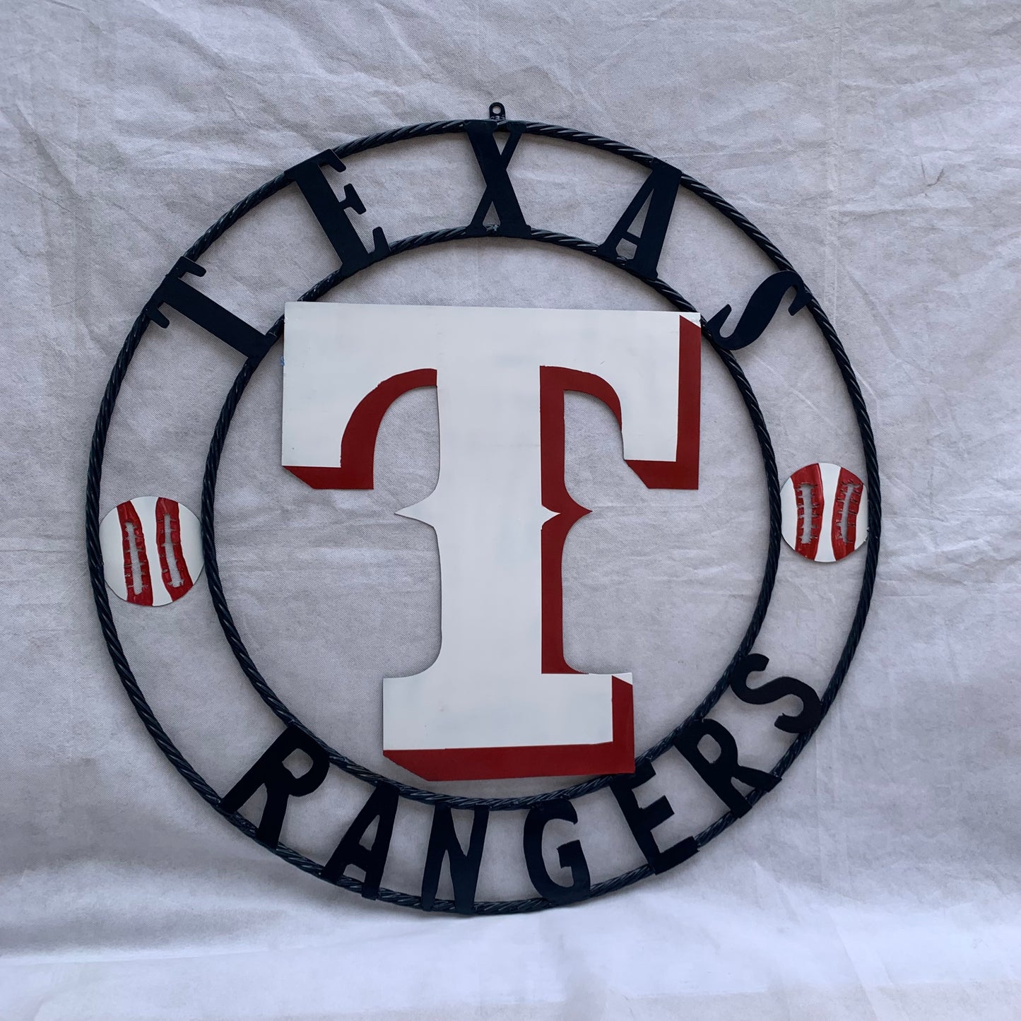 TEXAS RANGERS CUSTOM METAL VINTAGE CRAFT TEAM SIGN WHITE & RED & NAVY BLUE RING HANDMADE