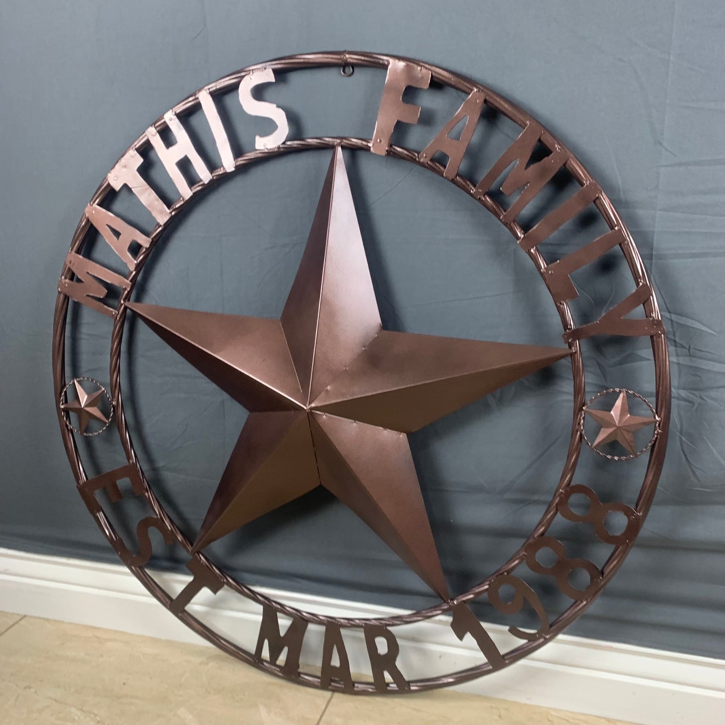 MATHIS STYLE CUSTOM NAME STAR BARN STAR 3d METAL LONESTAR TWISTED ROPE RING WESTERN HOME DECOR RUSTIC BRONZE COPPER HANDMADE 24",32",36",50"