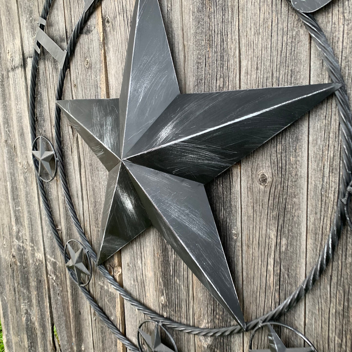 TEXAS BLACK DISTRESSED STAR TWO TONE TEXTURE BARN STAR METAL LONESTAR TWISTED ROPE RING WESTERN HOME DECOR HANDMADE NEW