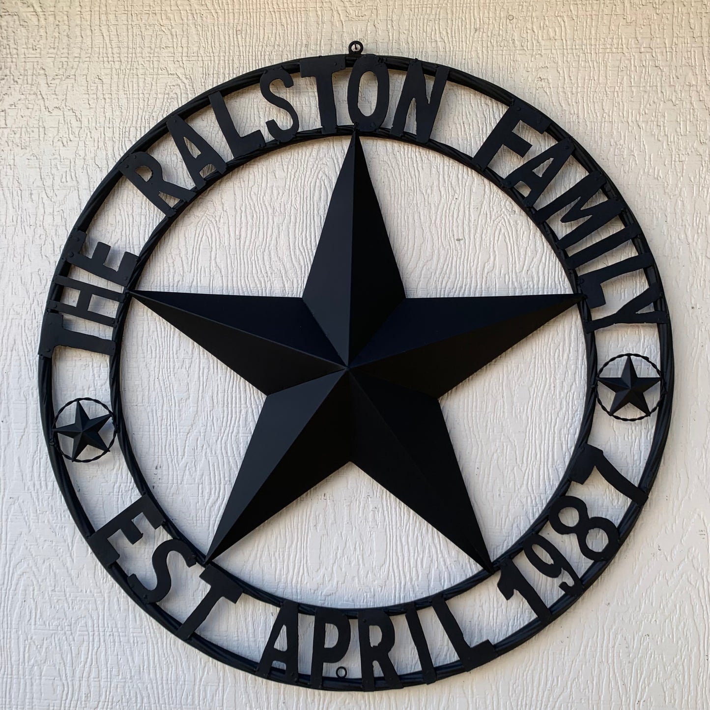 RALSTON FAMILY STYLE CUSTOM NAME STAR BARN METAL STAR 3d TWISTED ROPE RING WESTERN HOME DECOR RUSTIC BLACK HANDMADE 24",32",36",50"