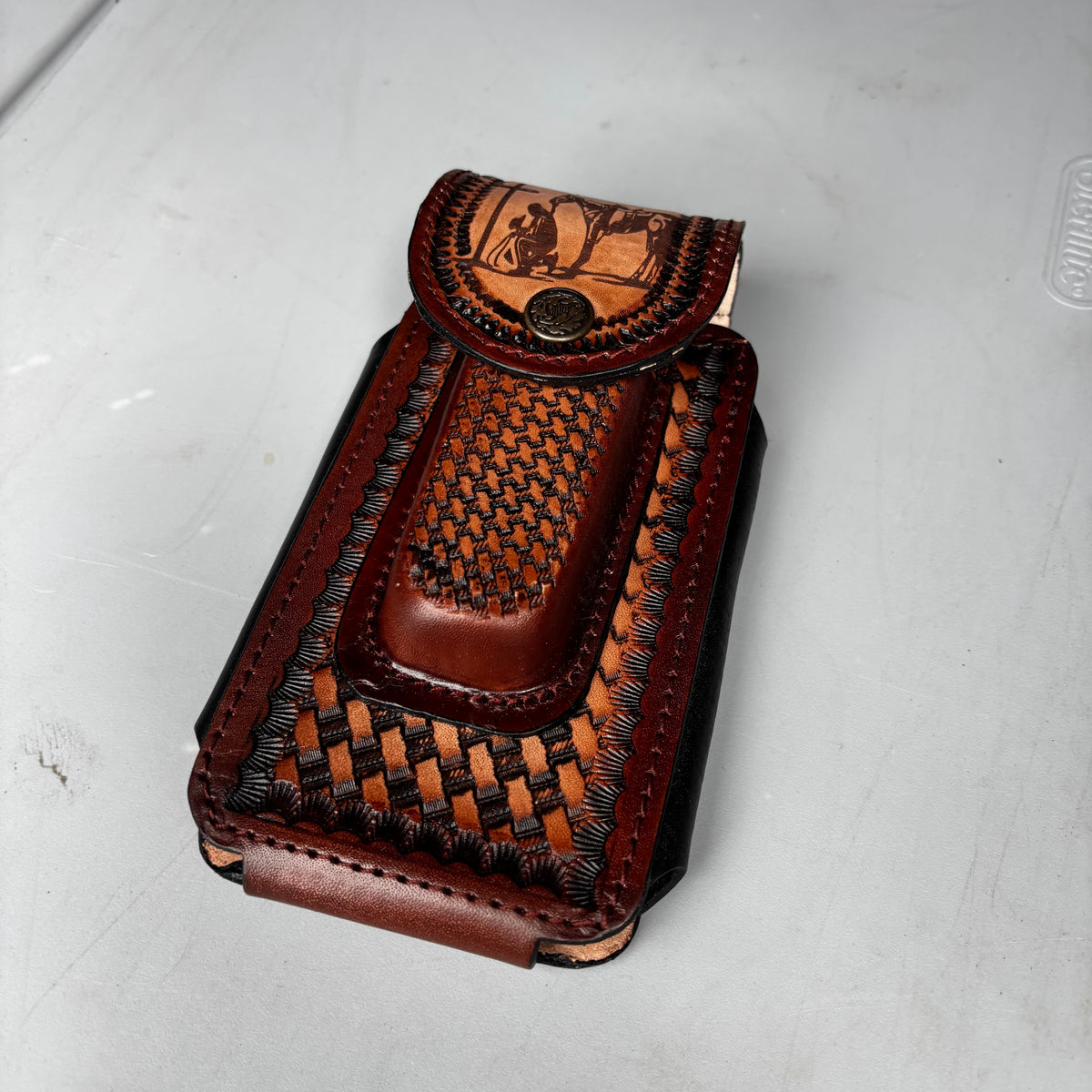 COWBOY PRAYER LEATHER HOLSTER 7" PHONE POUCH WITH KNIFE HOLDER FRONT EXTRA LARGE  BELT LOOP CELL PHONE CASE UNIVERSAL OVERSIZE MADE IN MEXICO #EH13861