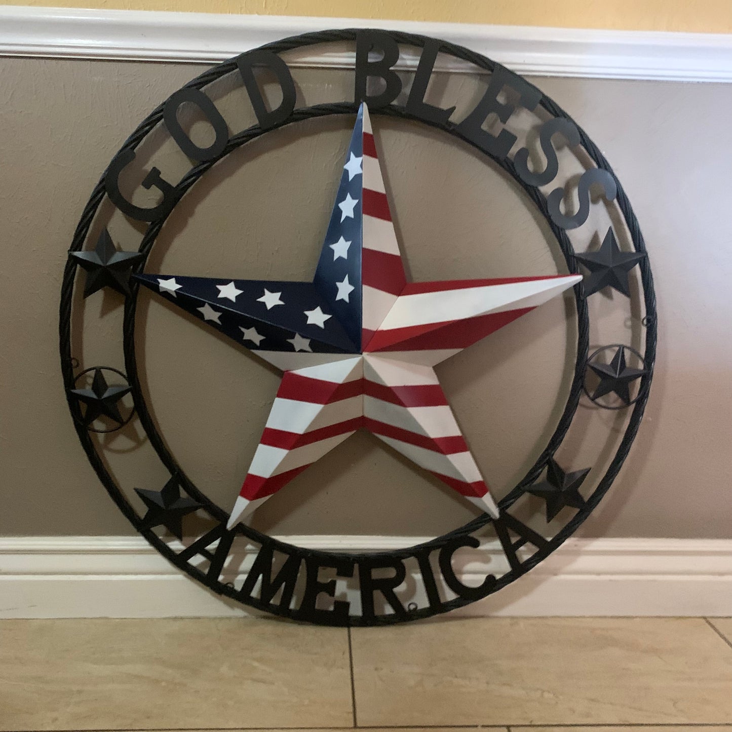 GOD BLESS AMERICA USA FLAG 3d STAR METAL BARN STAR BLACK TWISTED ROPE RING WALL ART WESTERN HOME DECOR RED WHITE & BLUE HANDMADE NEW #EH10490