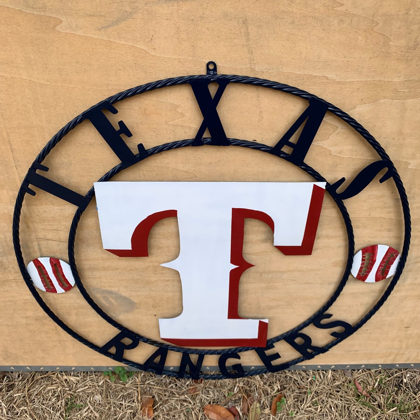 TEXAS RANGERS CUSTOM METAL VINTAGE CRAFT TEAM SIGN WHITE & RED & NAVY BLUE RING HANDMADE