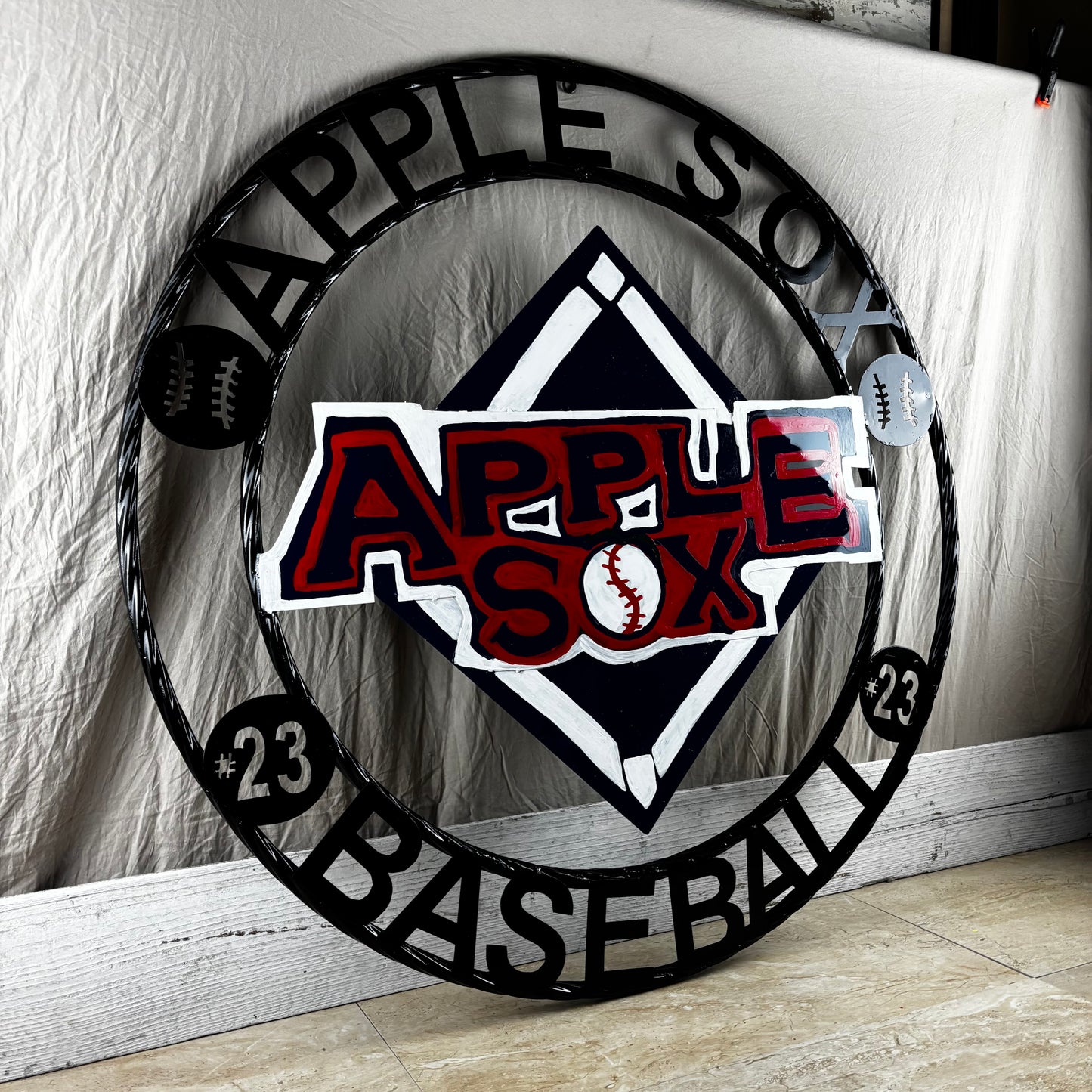 APPLE SOX BASEBALL CUSTOM METAL VINTAGE CRAFT SIGN TEAM NAVY BLUE WHITE RED HANDMADE