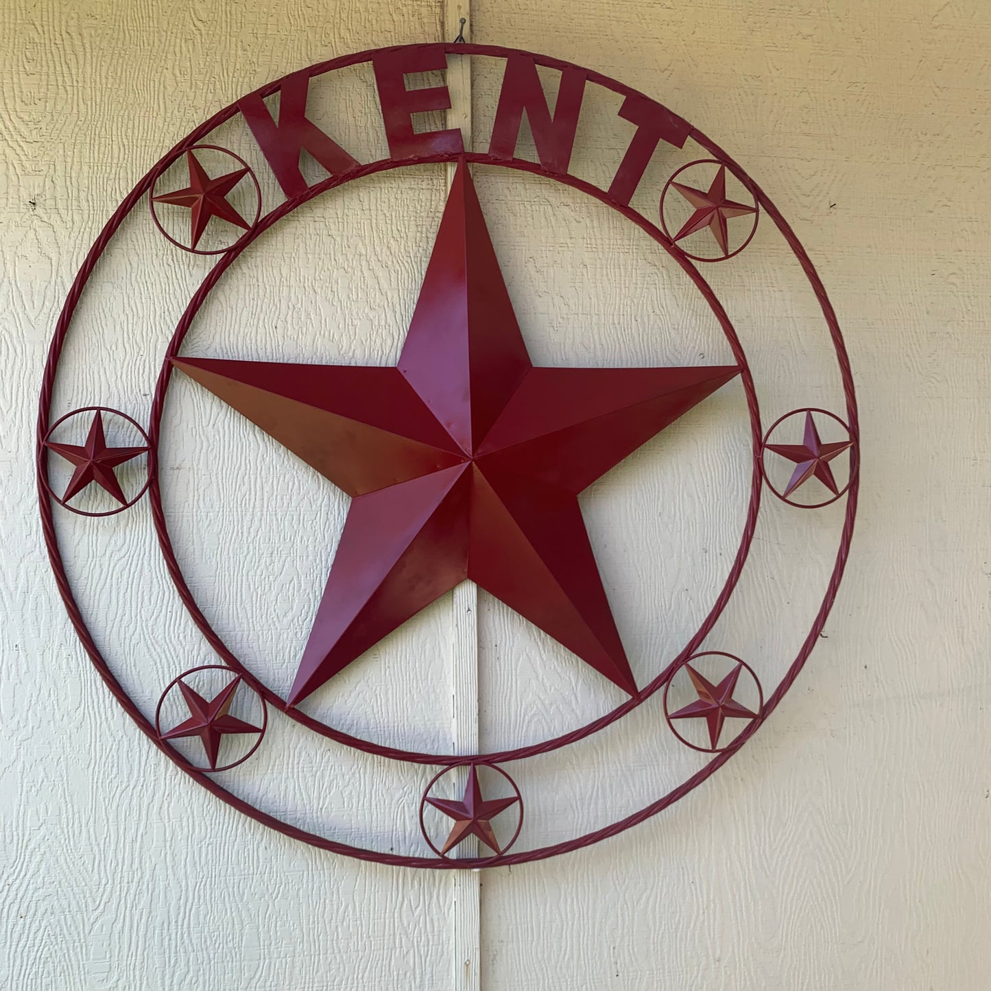 KENT STYLE YOUR CUSTOM STAR METAL NAME RUSTIC BURGUNDY RED CUSTOM 3d STAR METAL NAME BARN STAR TWISTED ROPE RING DESIGN METAL WALL ART HOME DECOR ANY SIZE