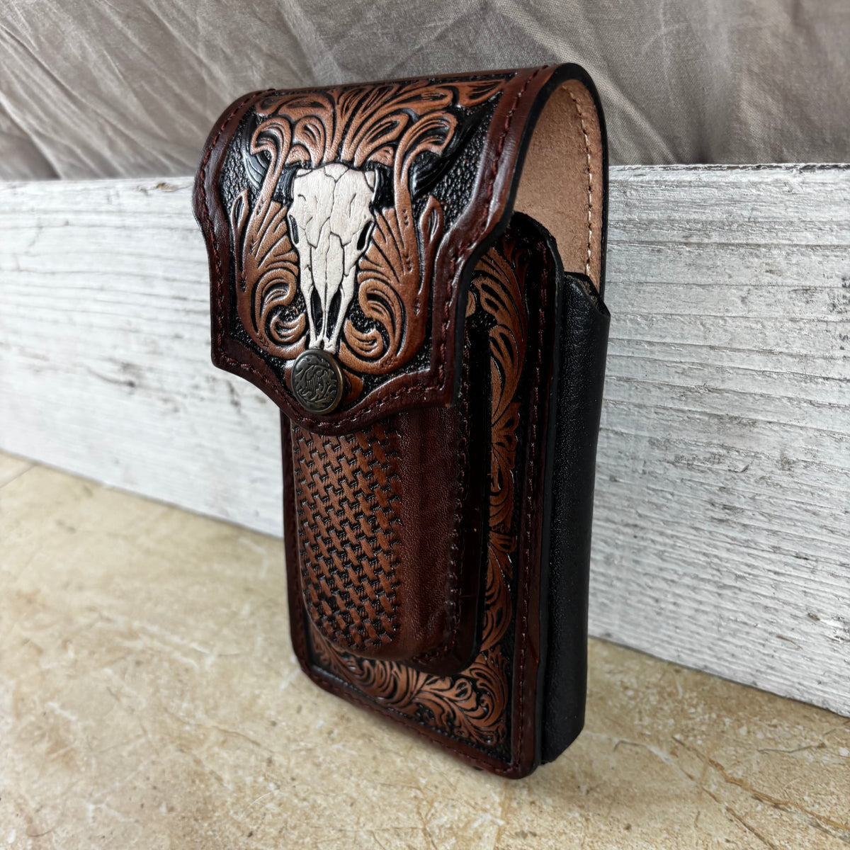 LONGHORN LEATHER HOLSTER 7" PHONE POUCH WITH KNIFE HOLDER FRONT EXTRA LARGE  BELT LOOP CELL PHONE CASE UNIVERSAL OVERSIZE MEXICO MADE #EH13806