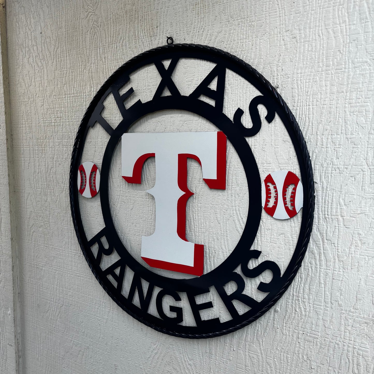 TEXAS RANGERS CUSTOM METAL VINTAGE CRAFT TEAM SIGN WHITE & RED & NAVY BLUE RING HANDMADE