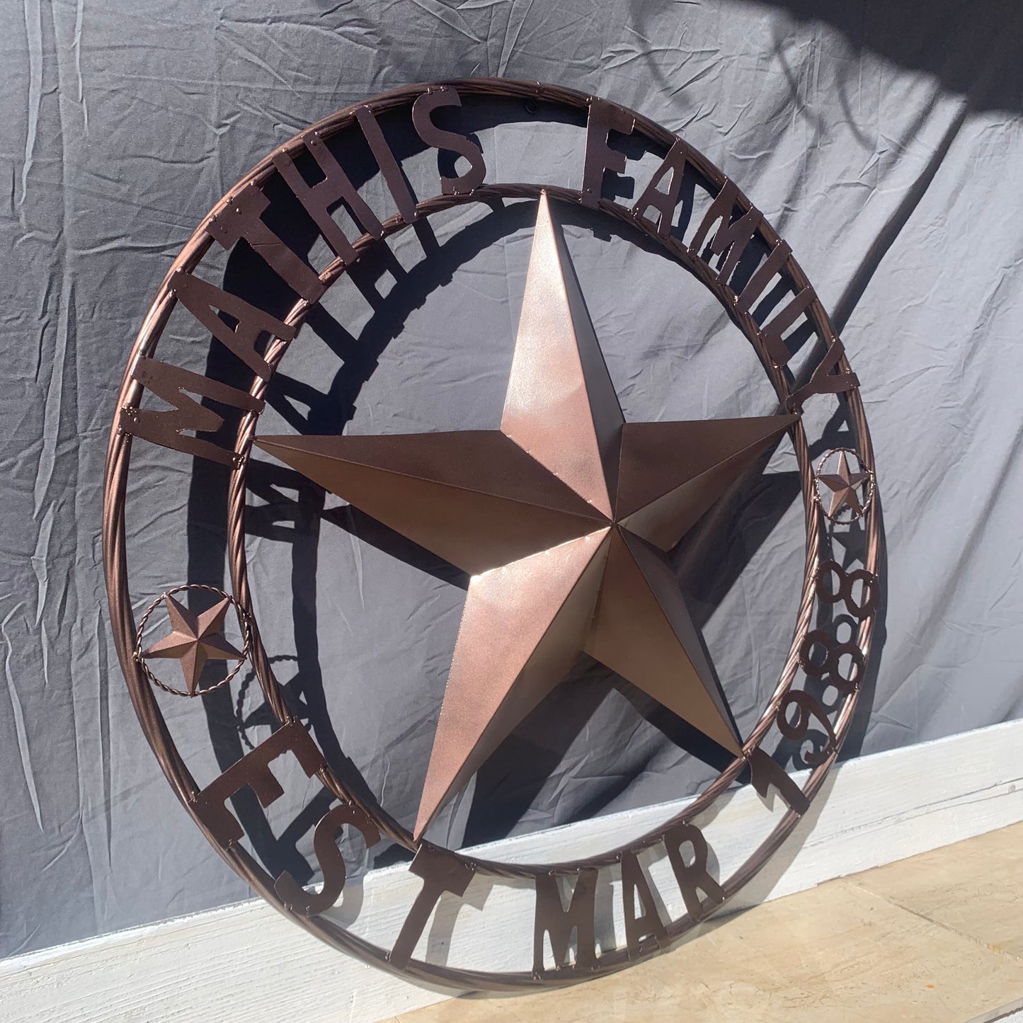 MATHIS STYLE CUSTOM NAME STAR BARN STAR 3d METAL LONESTAR TWISTED ROPE RING WESTERN HOME DECOR RUSTIC BRONZE COPPER HANDMADE 24",32",36",50"