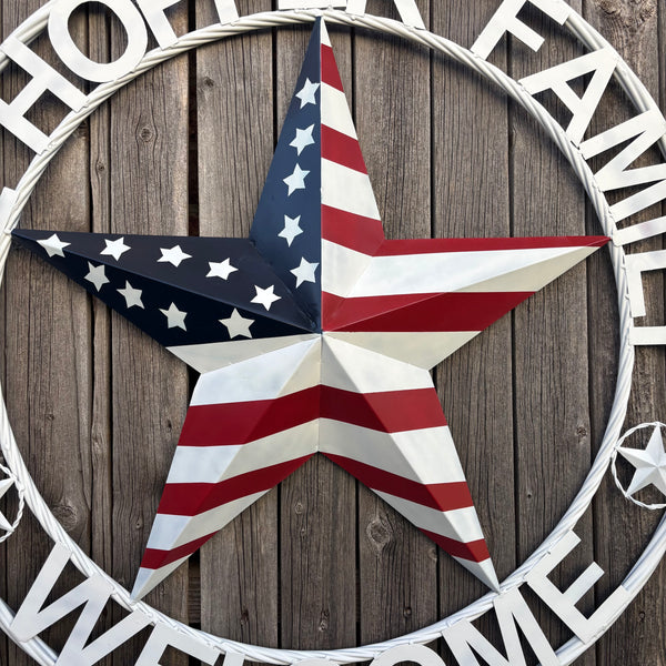 HOPPER STYLE YOUR CUSTOM NAME STAR METAL BARN 3d RED WHITE BLUE USA FLAG WITH WHITE TWIST ROPE RING WESTERN HOME DECOR HANDMADE, 24",36",40"