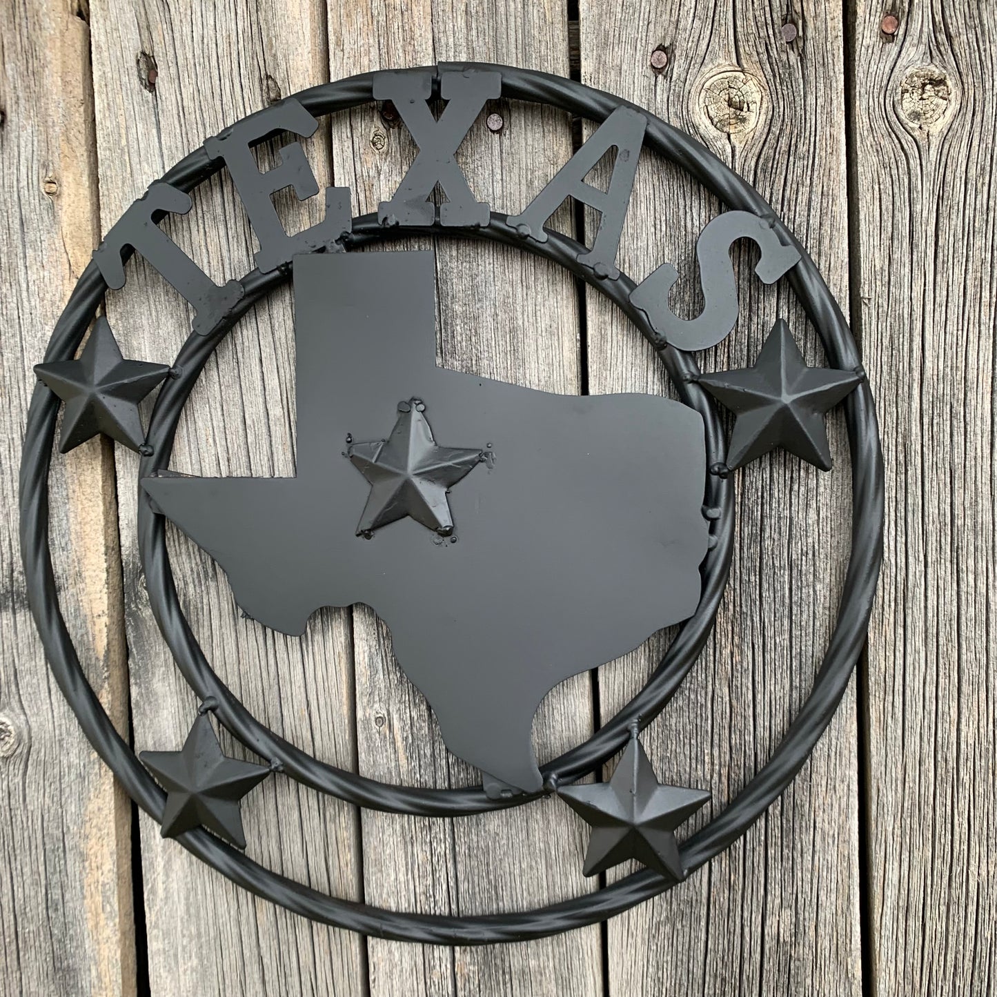 12" STATE OF TEXAS MAP RUSTIC BLACK TWISTED RING METAL SIGN WESTERN HOME DECOR HANDMADE NEW