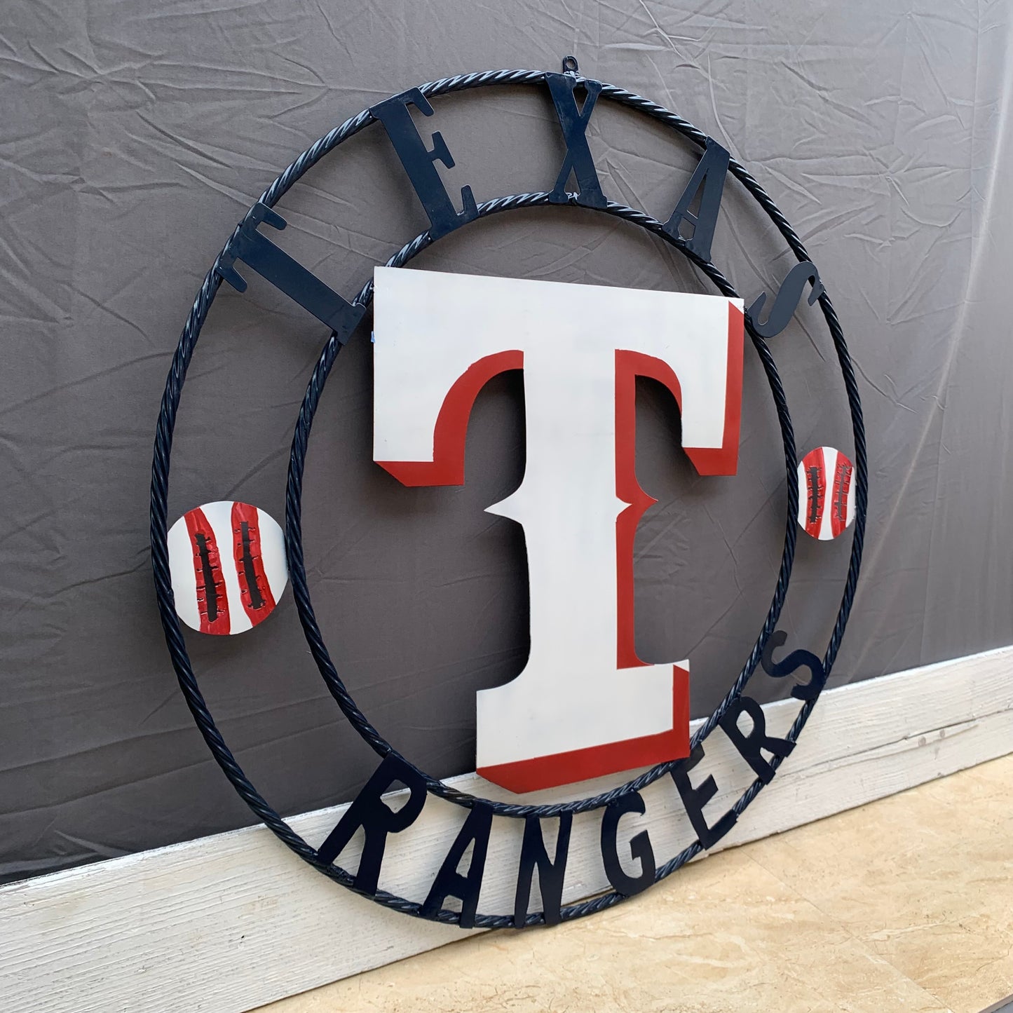 TEXAS RANGERS CUSTOM METAL VINTAGE CRAFT TEAM SIGN WHITE & RED & NAVY BLUE RING HANDMADE