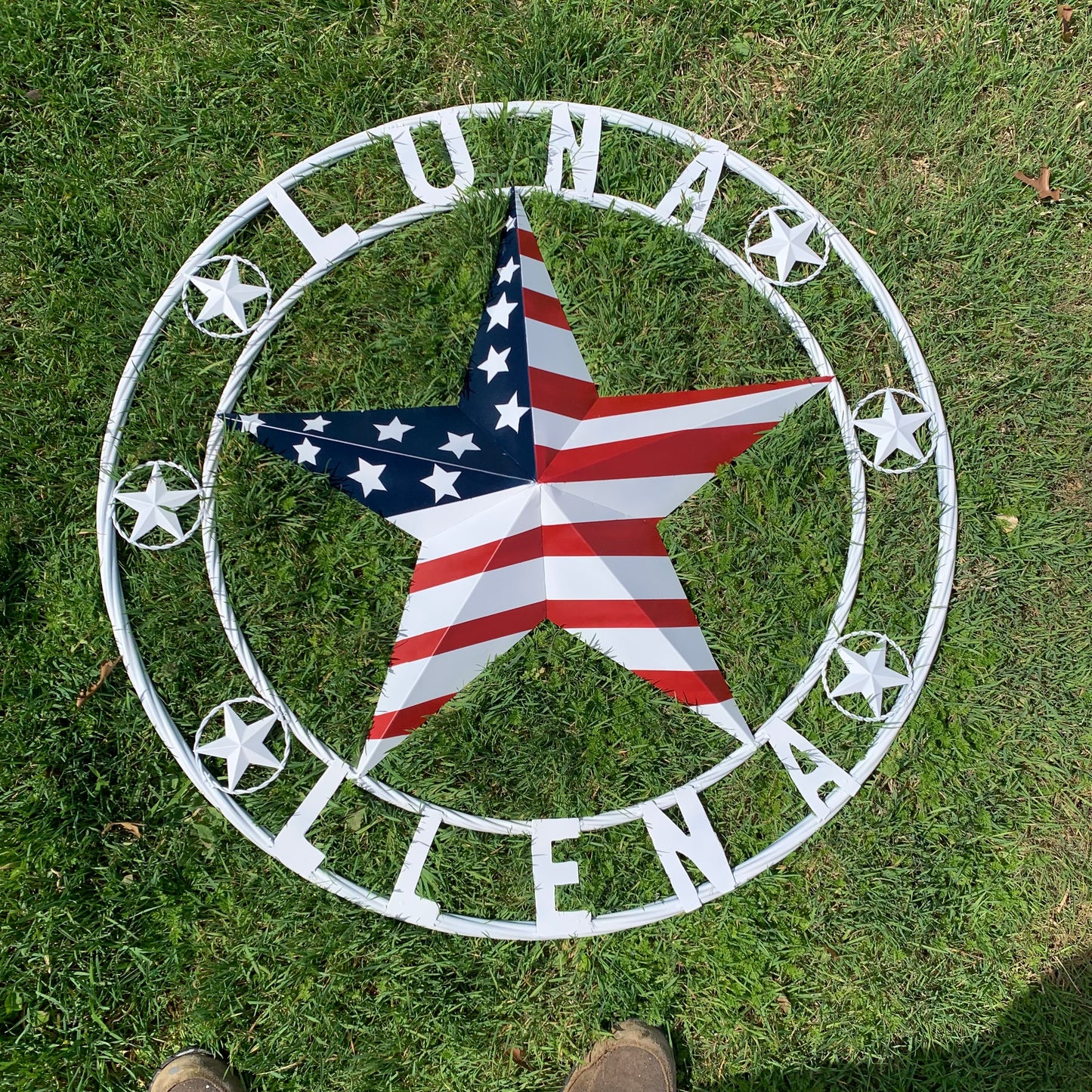 LUNA STYLE CUSTOM NAME BARN STAR METAL STAR 3d TWISTED ROPE RING WESTERN HOME DECOR USA FLAG STAR RED WHOTE & BLUE WITH WHITE RING HANDMADE 24",32",36",50"