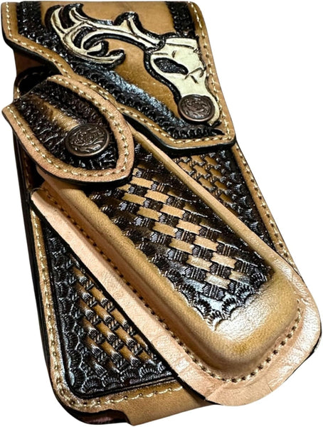 DEER LEATHER HOLSTER PHONE POUCH WITH KNIFE HOLDER FRONT EXTRA LARGE  BELT LOOP CELL PHONE CASE UNIVERSAL OVERSIZE #EH12975