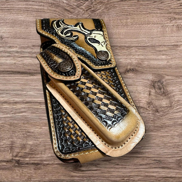 DEER LEATHER HOLSTER PHONE POUCH WITH KNIFE HOLDER FRONT EXTRA LARGE  BELT LOOP CELL PHONE CASE UNIVERSAL OVERSIZE #EH12975