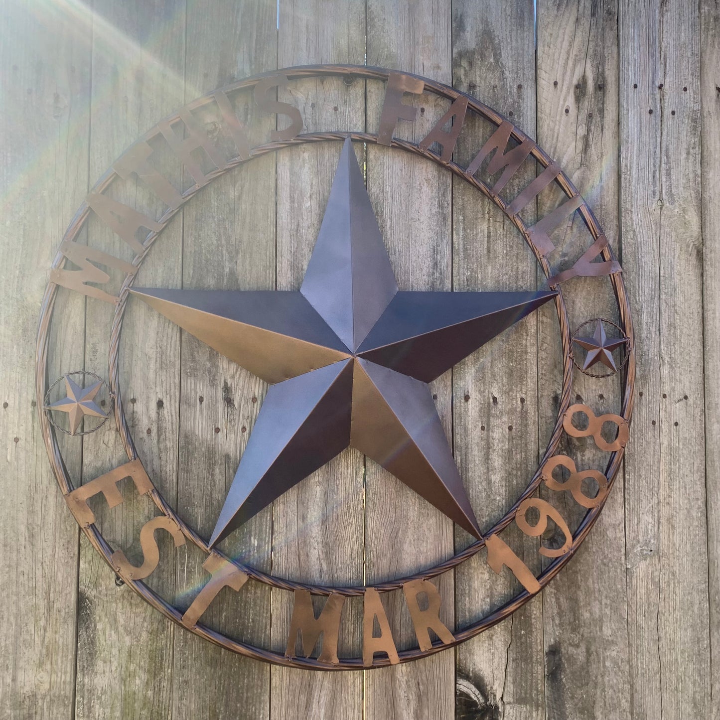 MATHIS STYLE CUSTOM NAME STAR BARN STAR 3d METAL LONESTAR TWISTED ROPE RING WESTERN HOME DECOR RUSTIC BRONZE COPPER HANDMADE 24",32",36",50"