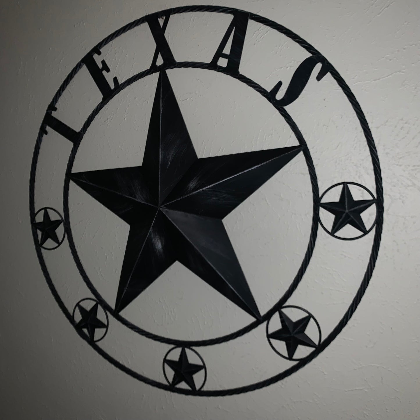 TEXAS BLACK DISTRESSED STAR TWO TONE TEXTURE BARN STAR METAL LONESTAR TWISTED ROPE RING WESTERN HOME DECOR HANDMADE NEW