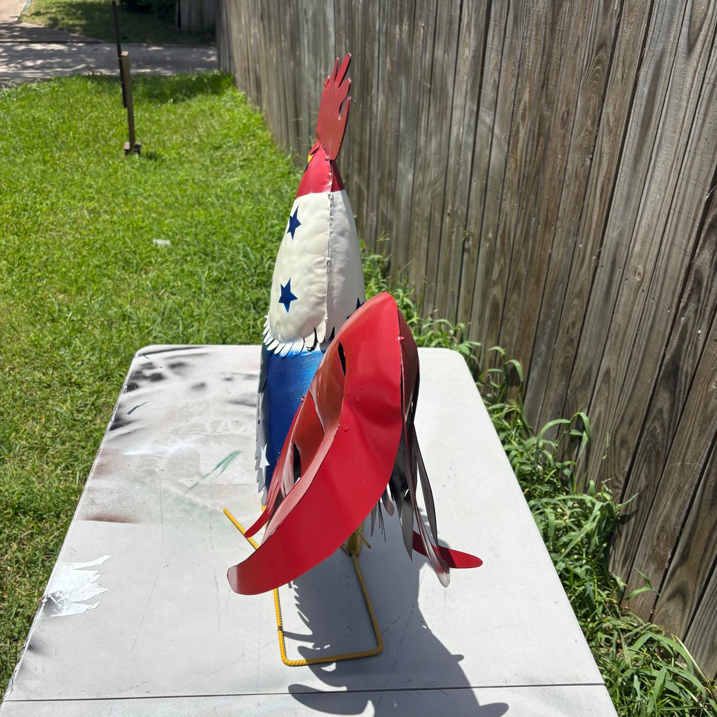 USA FLAG ROOSTER AMERICAN RED WHITE BLUE PATRIOTIC GARDEN METAL SCULPTURE WESTERN HOME DECOR ORNAMENT HANDMADE #34-003