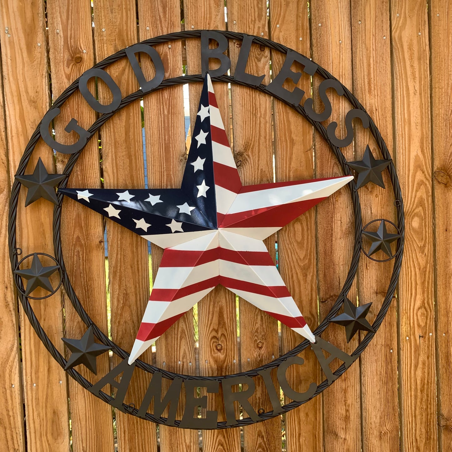 GOD BLESS AMERICA USA FLAG 3d STAR METAL BARN STAR BLACK TWISTED ROPE RING WALL ART WESTERN HOME DECOR RED WHITE & BLUE HANDMADE NEW #EH10490