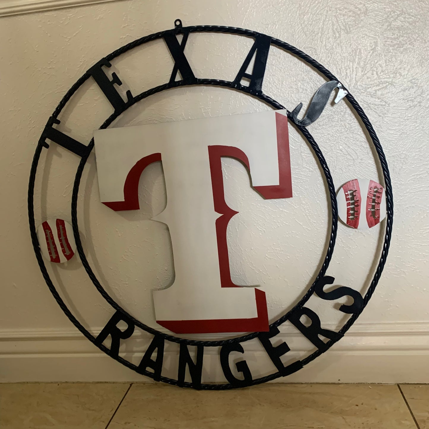 TEXAS RANGERS CUSTOM METAL VINTAGE CRAFT TEAM SIGN WHITE & RED & NAVY BLUE RING HANDMADE