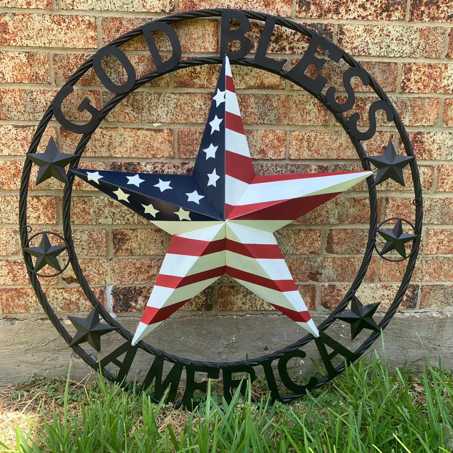 GOD BLESS AMERICA USA FLAG 3d STAR METAL BARN STAR BLACK TWISTED ROPE RING WALL ART WESTERN HOME DECOR RED WHITE & BLUE HANDMADE NEW #EH10490