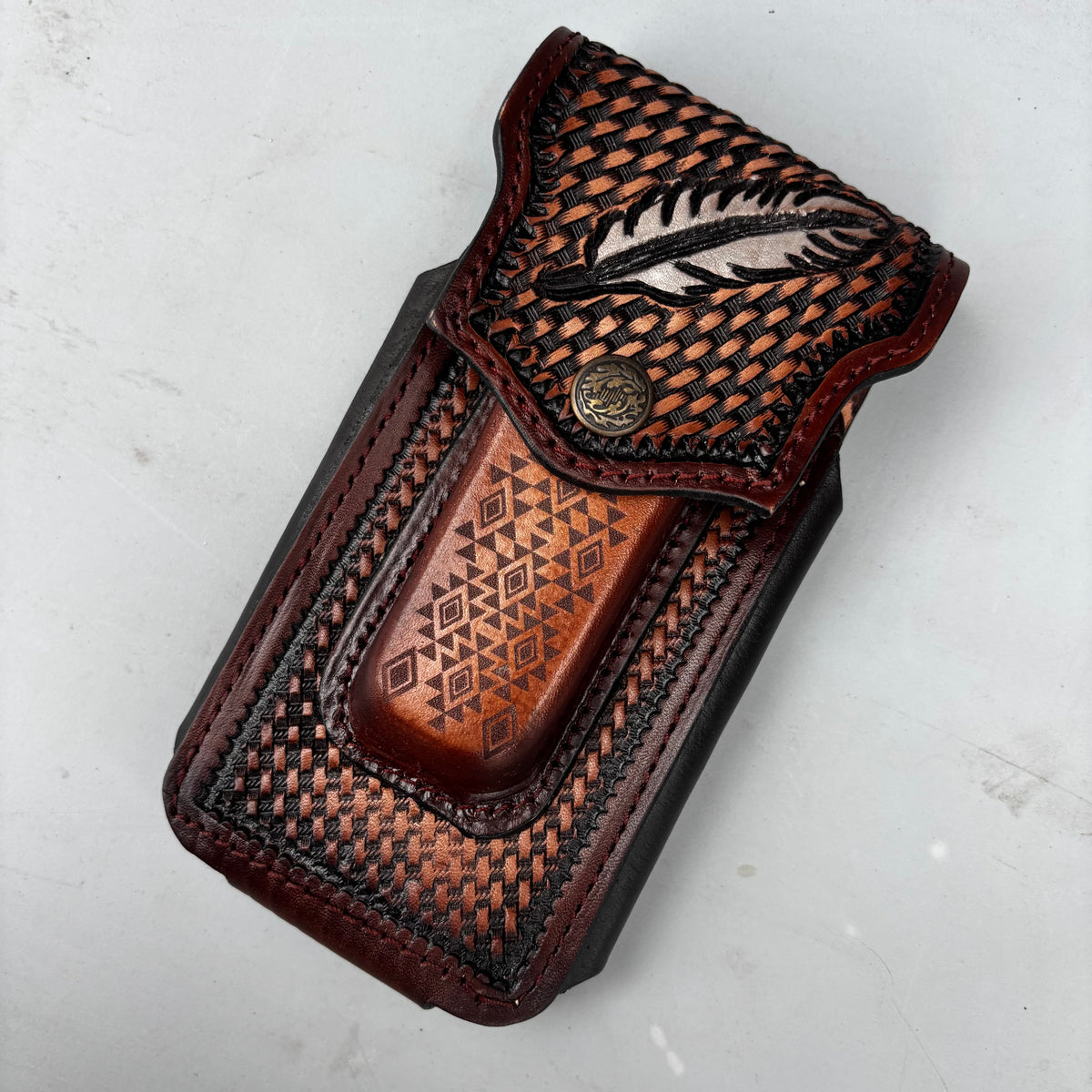 LEAF LEATHER HOLSTER 7" PHONE POUCH WITH KNIFE HOLDER FRONT EXTRA LARGE  BELT LOOP CELL PHONE CASE UNIVERSAL OVERSIZE MEXICO MADE #EH13863