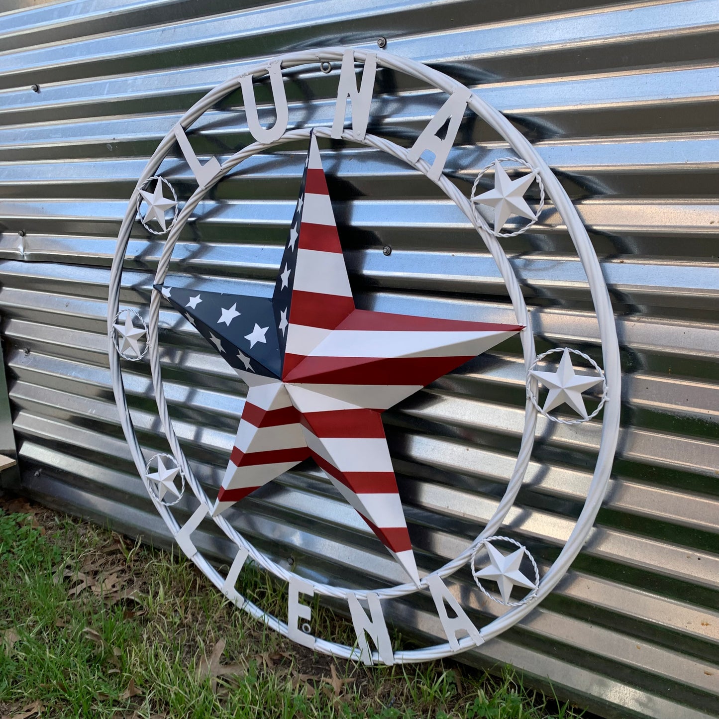 LUNA STYLE CUSTOM NAME BARN STAR METAL STAR 3d TWISTED ROPE RING WESTERN HOME DECOR USA FLAG STAR RED WHOTE & BLUE WITH WHITE RING HANDMADE 24",32",36",50"