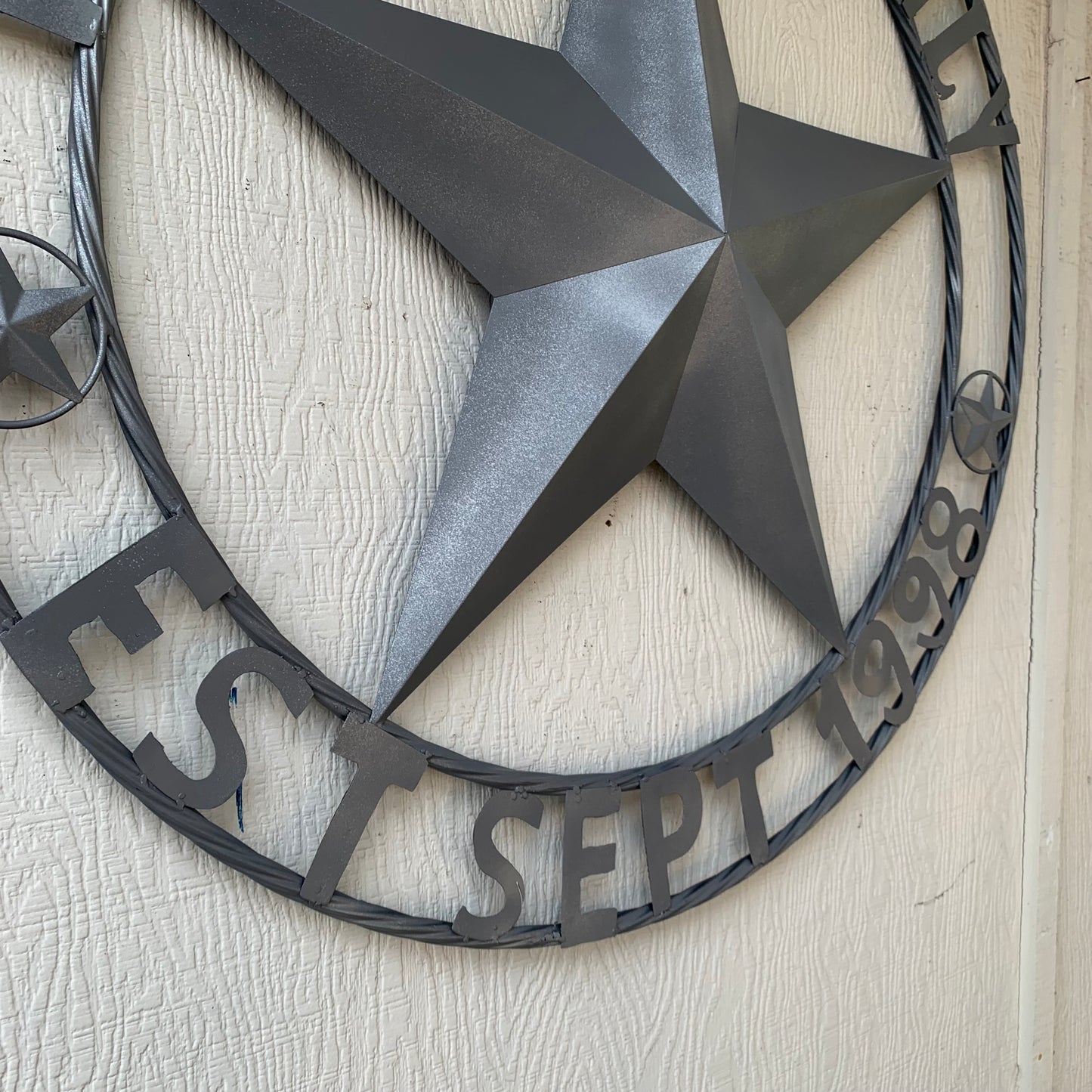 KENT STYLE CUSTOM STAR NAME BARN METAL STAR 3d TWISTED ROPE RING WESTERN HOME DECOR RUSTIC GREY SILVER HANDMADE 24",32",36",50"