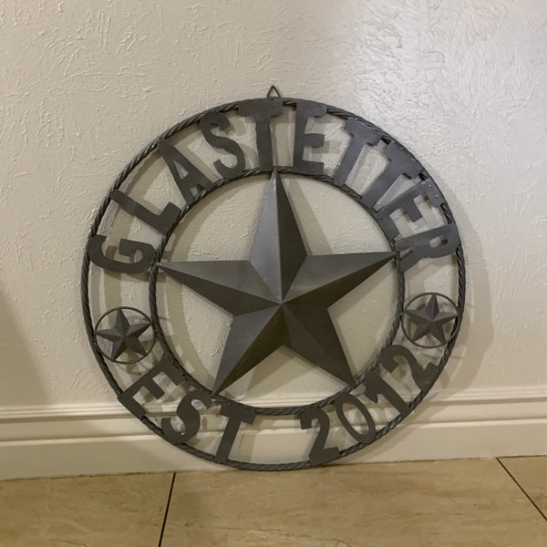 GLASTETTER STYLE YOUR CUSTOM NAME BARN STAR 3d METAL LONE STAR TWISTED ROPE RING WESTERN HOME DECOR RUSTIC GREY HANDMADE 24",32",36",50"
