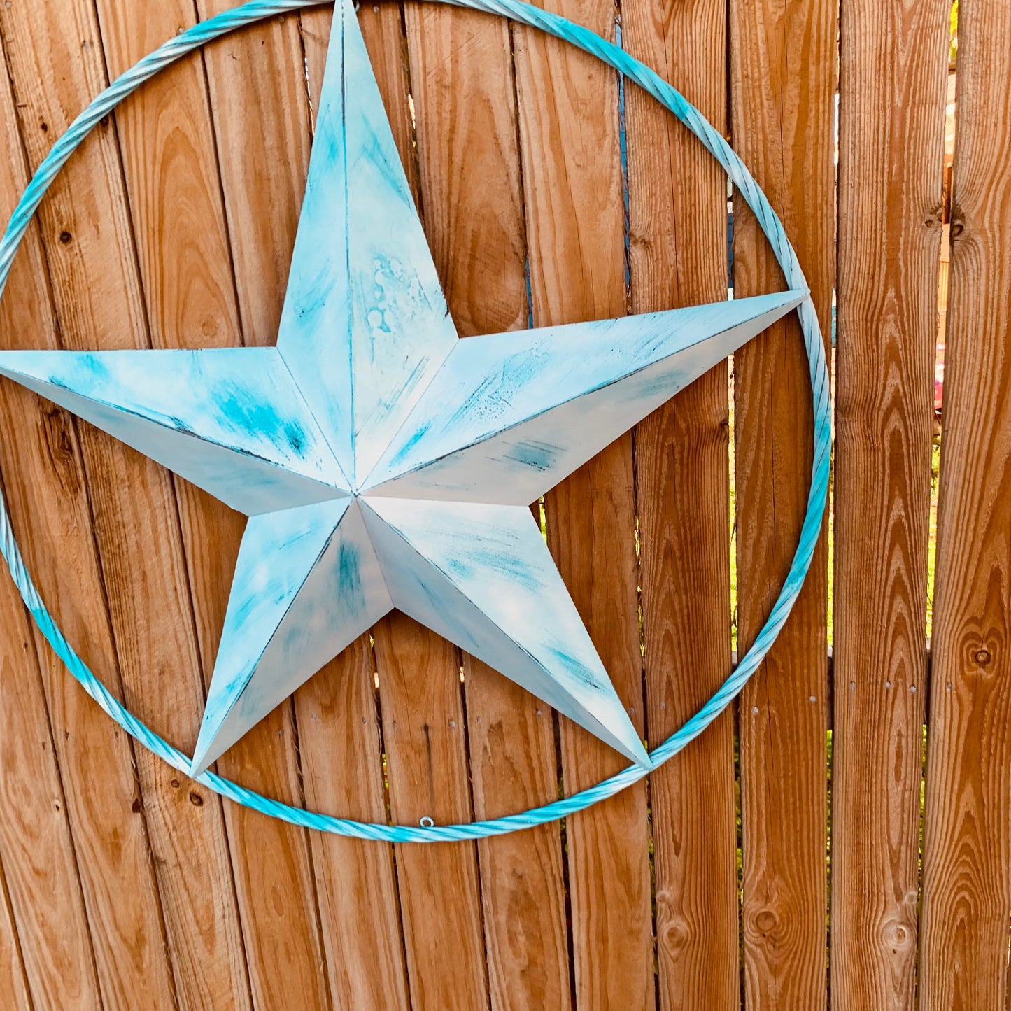 #EH11219 TURQUOISE WHITE DISTRESSED STAR TWO TONE TEXTURE BARN STAR METAL LONESTAR TWISTED ROPE RING WESTERN HOME DECOR HANDMADE NEW