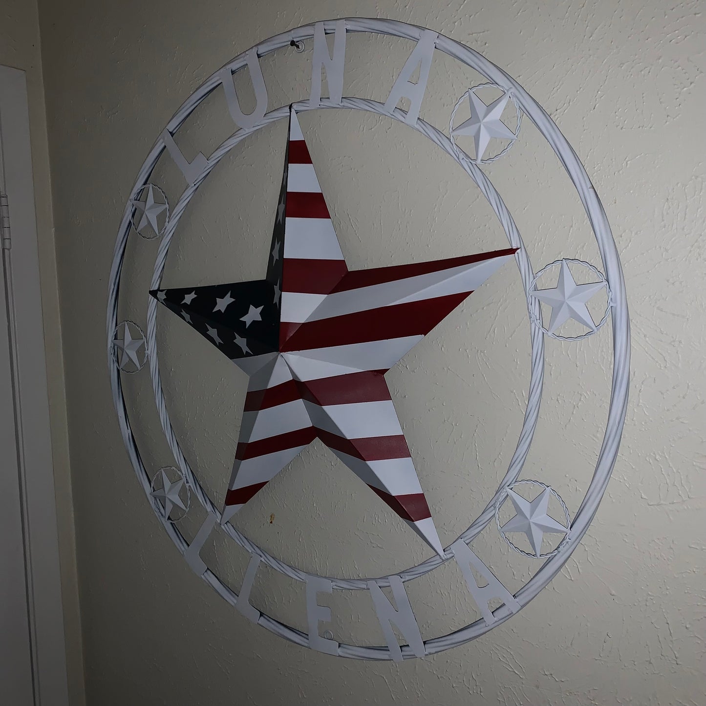 LUNA STYLE CUSTOM NAME BARN STAR METAL STAR 3d TWISTED ROPE RING WESTERN HOME DECOR USA FLAG STAR RED WHOTE & BLUE WITH WHITE RING HANDMADE 24",32",36",50"