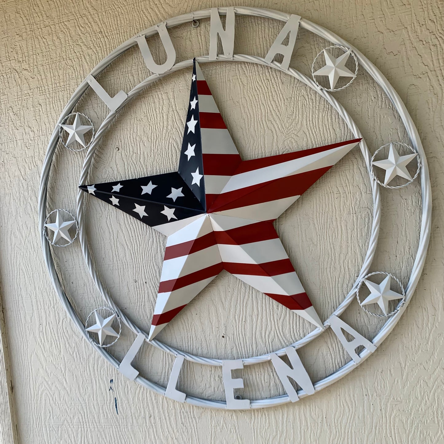 LUNA STYLE CUSTOM NAME BARN STAR METAL STAR 3d TWISTED ROPE RING WESTERN HOME DECOR USA FLAG STAR RED WHOTE & BLUE WITH WHITE RING HANDMADE 24",32",36",50"