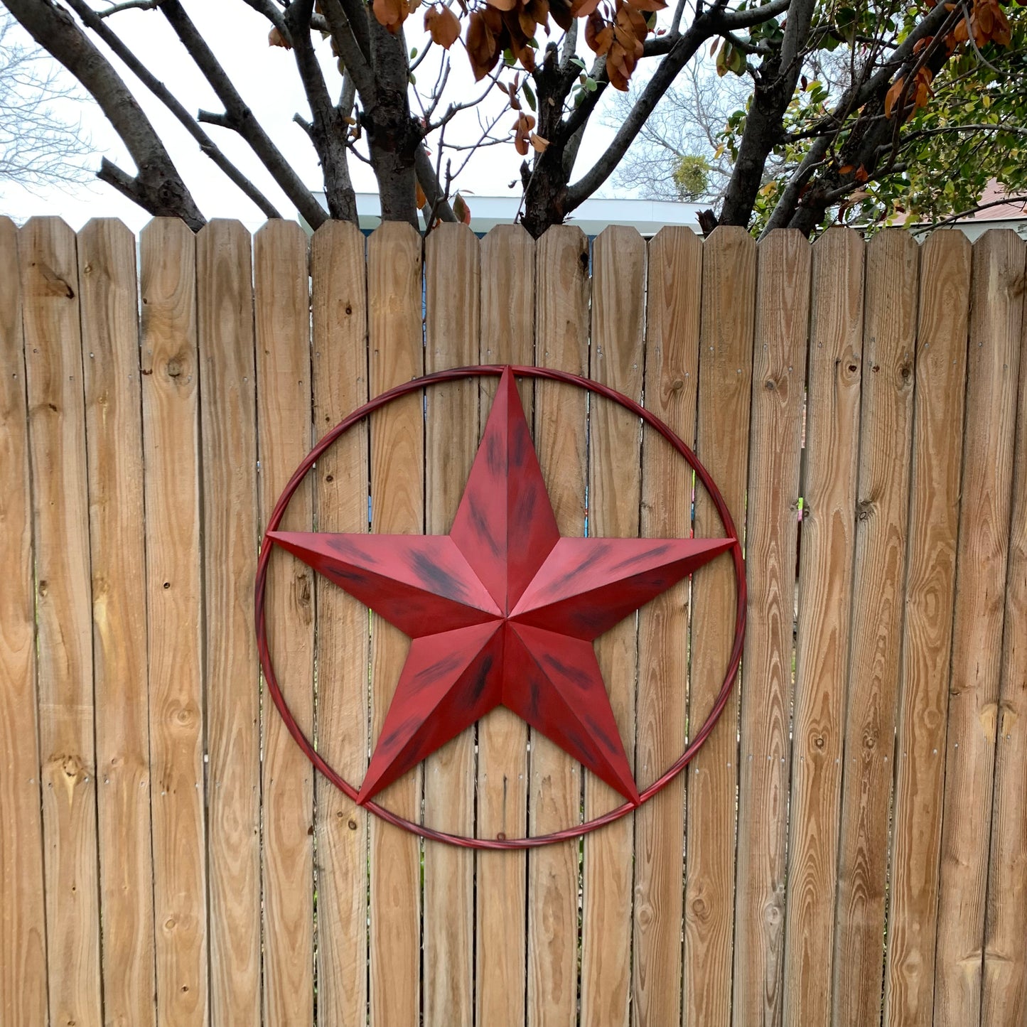 RED DISTRESSED STAR TWO TONE TEXTURE BARN STAR METAL LONESTAR TWISTED ROPE RING WESTERN HOME DECOR HANDMADE NEW #EH12958
