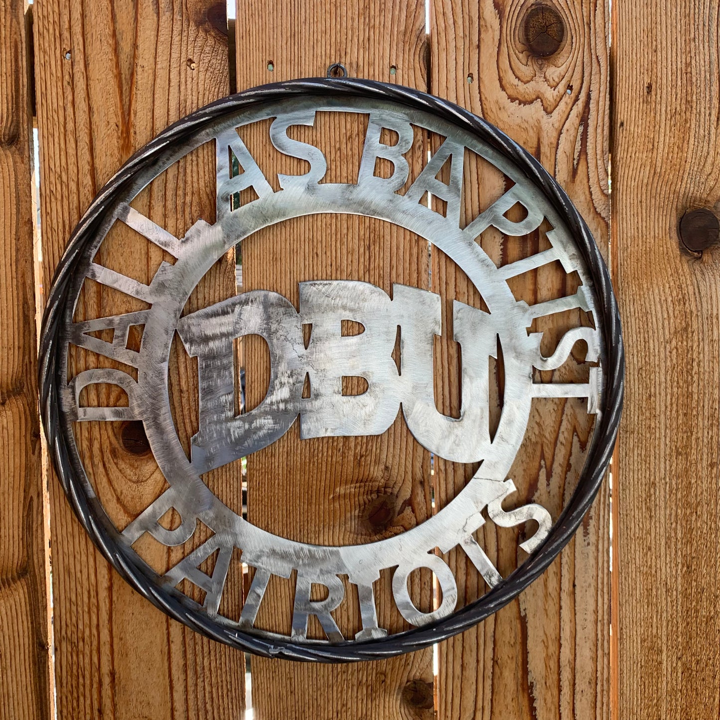 DBU DALLAS BAPTIST PATRIOTS CUSTOM RAW METAL NO PAINT VINTAGE METAL CRAFT SIGN TEAM WESTERN HOME DECOR HANDMADE