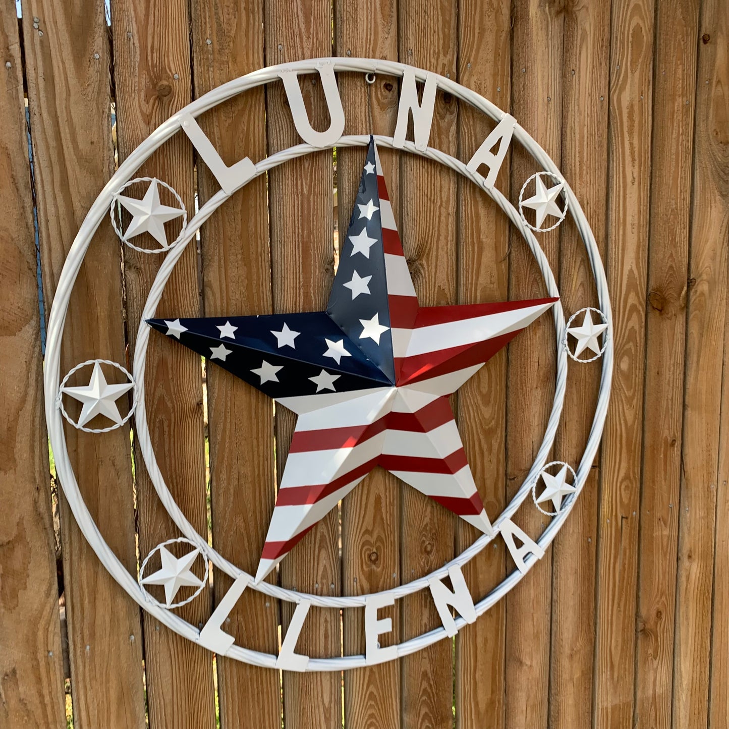 LUNA STYLE CUSTOM NAME BARN STAR METAL STAR 3d TWISTED ROPE RING WESTERN HOME DECOR USA FLAG STAR RED WHOTE & BLUE WITH WHITE RING HANDMADE 24",32",36",50"