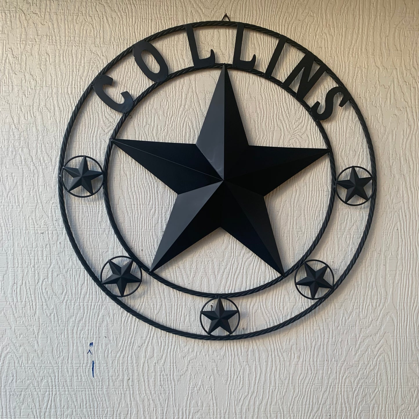 COLLINS STYLE CUSTOM STAR NAME BARN METAL STAR 3d TWISTED ROPE RING WESTERN HOME DECOR RUSTIC BLACK HANDMADE 24",32",36",50"