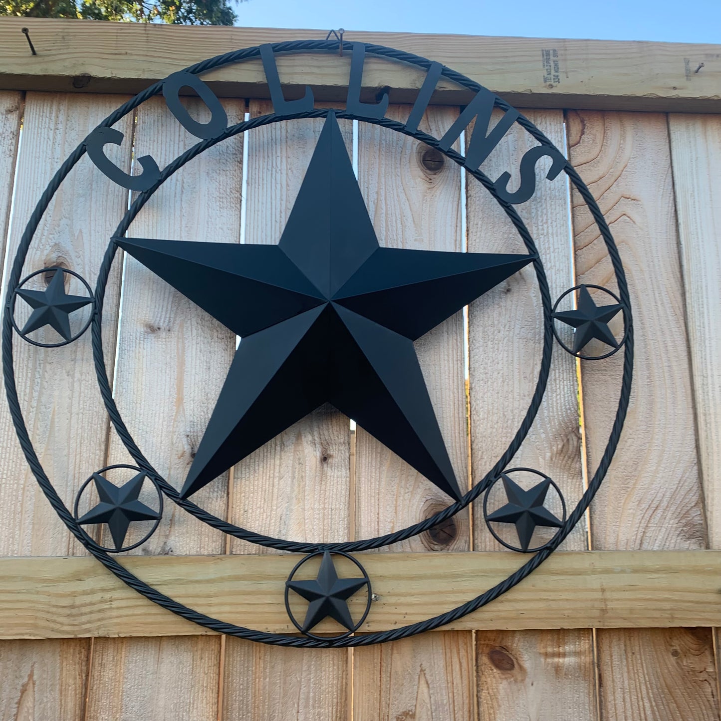 COLLINS STYLE CUSTOM STAR NAME BARN METAL STAR 3d TWISTED ROPE RING WESTERN HOME DECOR RUSTIC BLACK HANDMADE 24",32",36",50"