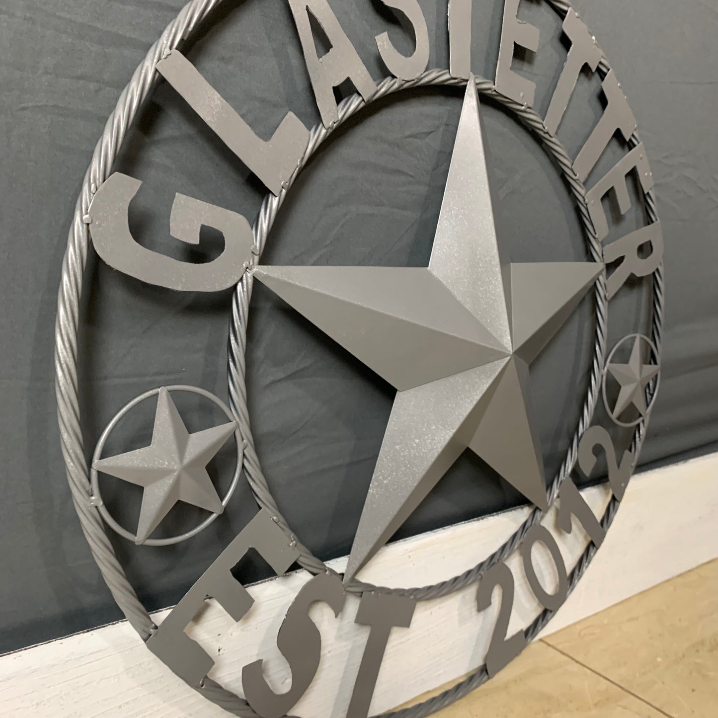 GLASTETTER STYLE YOUR CUSTOM NAME BARN STAR 3d METAL LONE STAR TWISTED ROPE RING WESTERN HOME DECOR RUSTIC GREY HANDMADE 24",32",36",50"